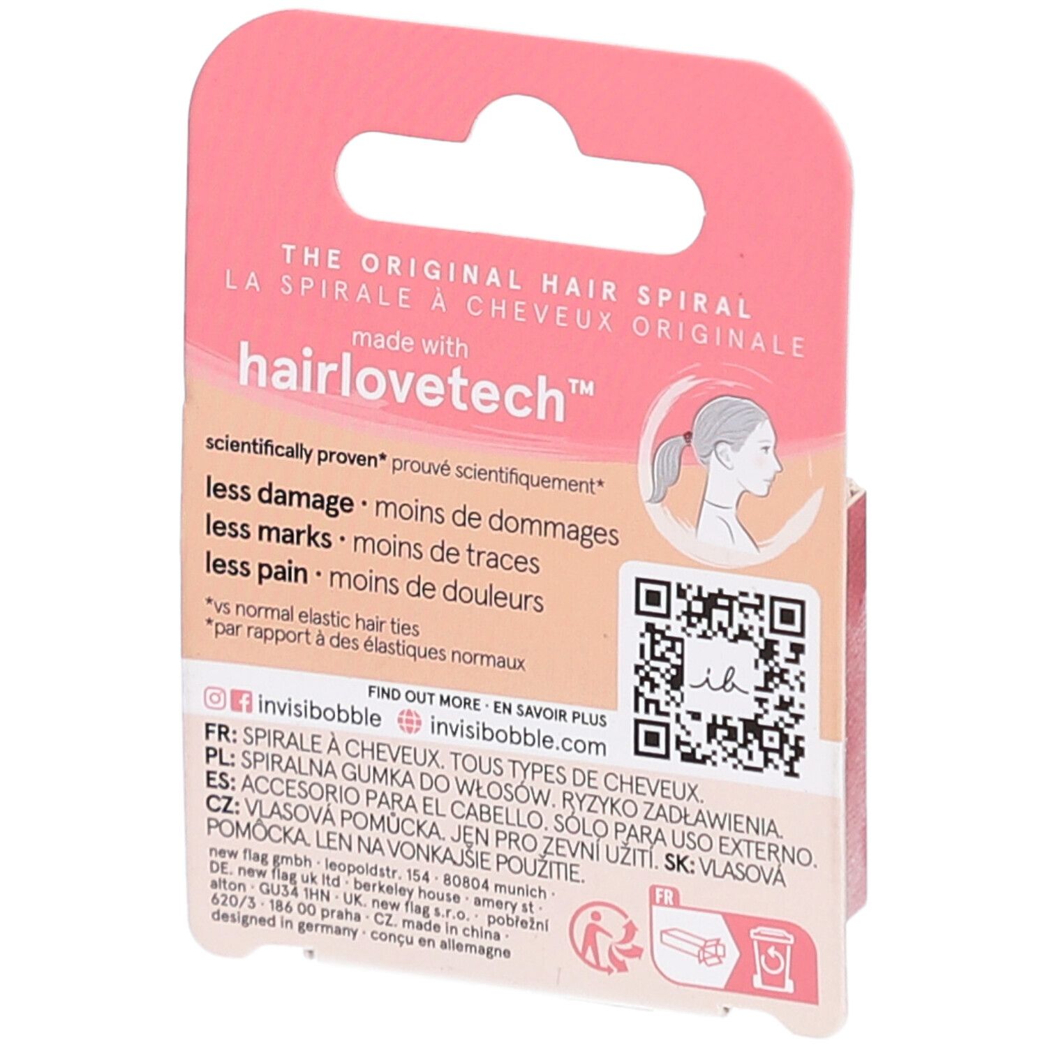 Rückseite der Verpackung. Text: The Original Hair Spiral. Informationen zu hairlovetech. QR-Code.