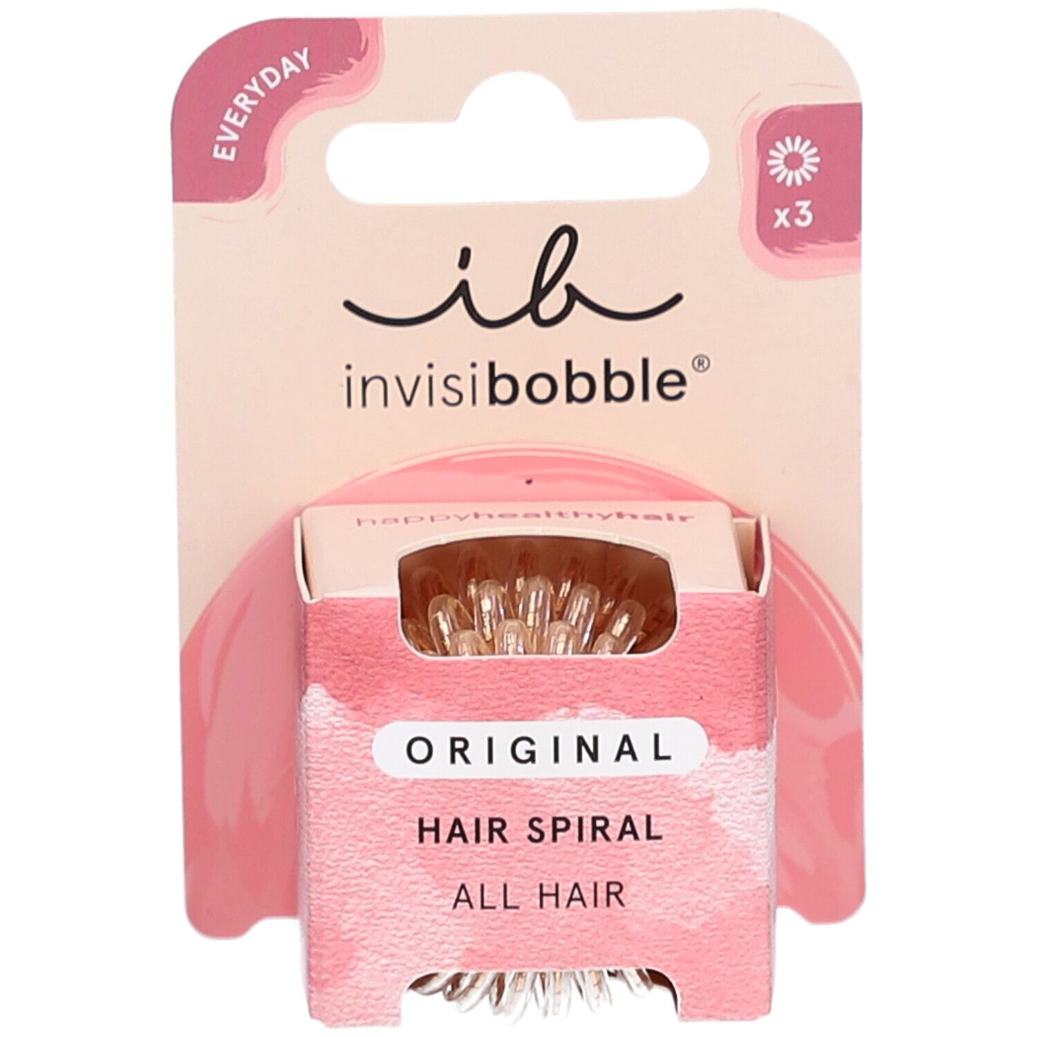Verpackung mit drei spiralförmigen Haargummis. Marke: invisibobble. Text: Original Hair Spiral.