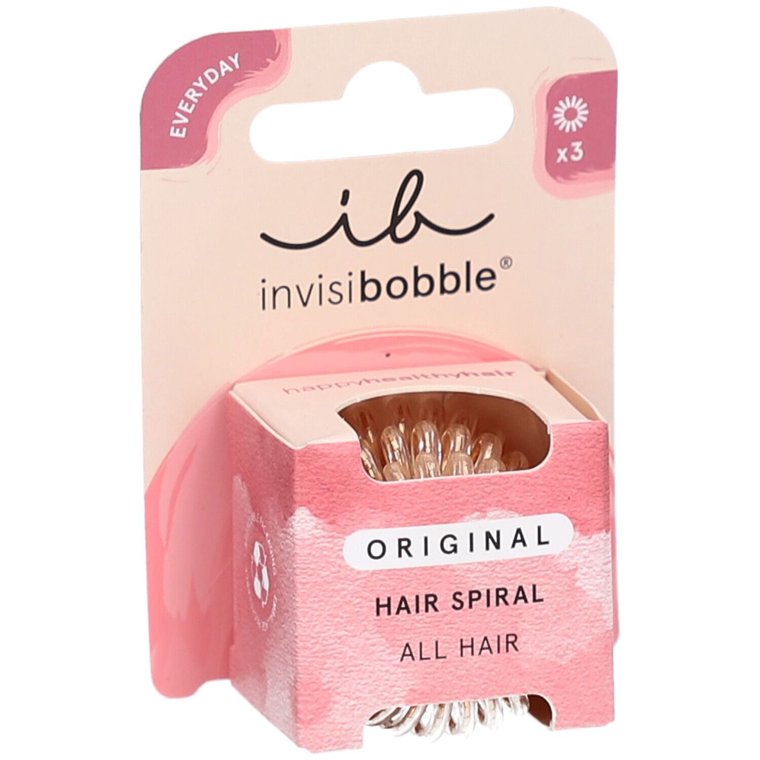 Verpackung mit drei spiralförmigen Haargummis. Marke: invisibobble. Text: Original Hair Spiral.