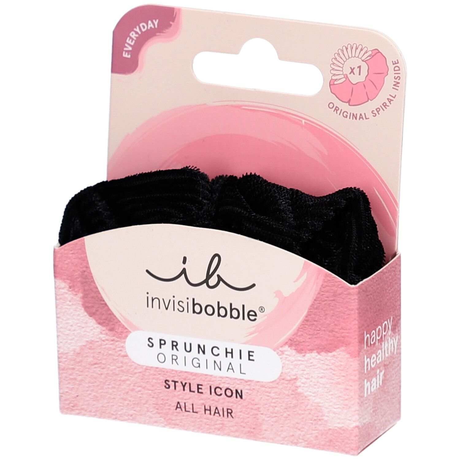Schwarzes INVISIBOBBLE Sprunchie in Verpackung. Rosa Karton mit Produktnamen und Logo. "Original Spiral Inside".