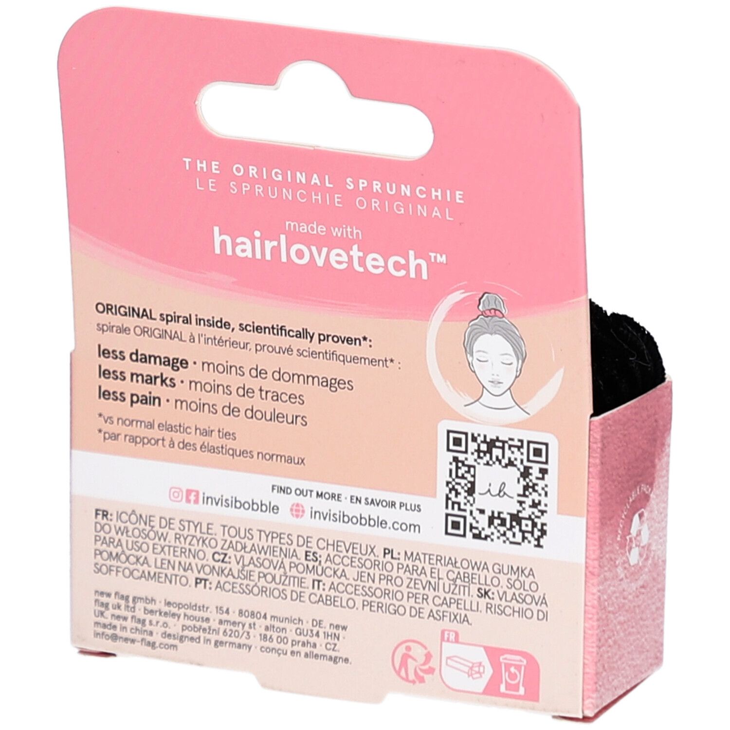 Rückseite der INVISIBOBBLE Verpackung. Text: "hairlovetech". Informationen zu Vorteilen und QR-Code. Mehrsprachiger Text.