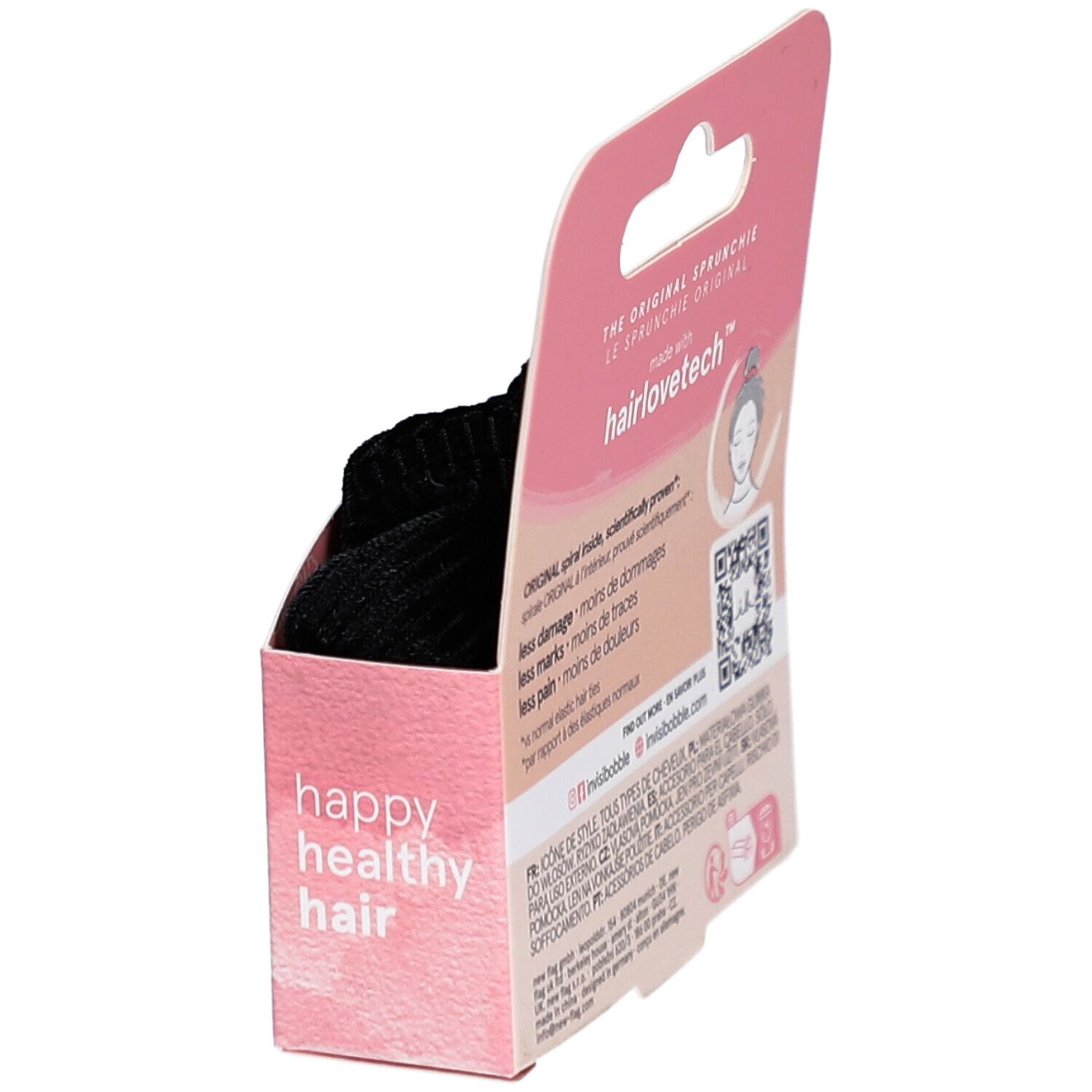 Geöffnete INVISIBOBBLE Verpackung. Rückseite mit Text "hairlovetech". Rosa Karton mit Logo und Produktnamen.
