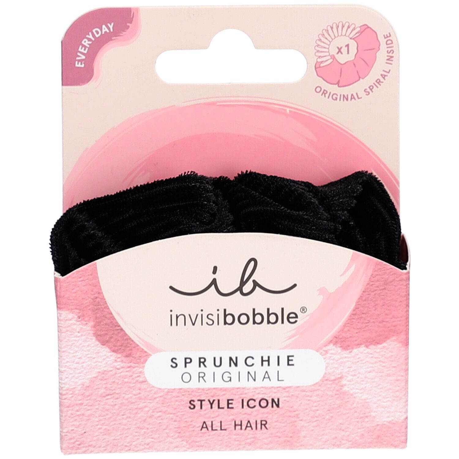 Schwarzes INVISIBOBBLE Sprunchie in Verpackung. Rosa Karton mit Produktnamen und Logo. "Original Spiral Inside".
