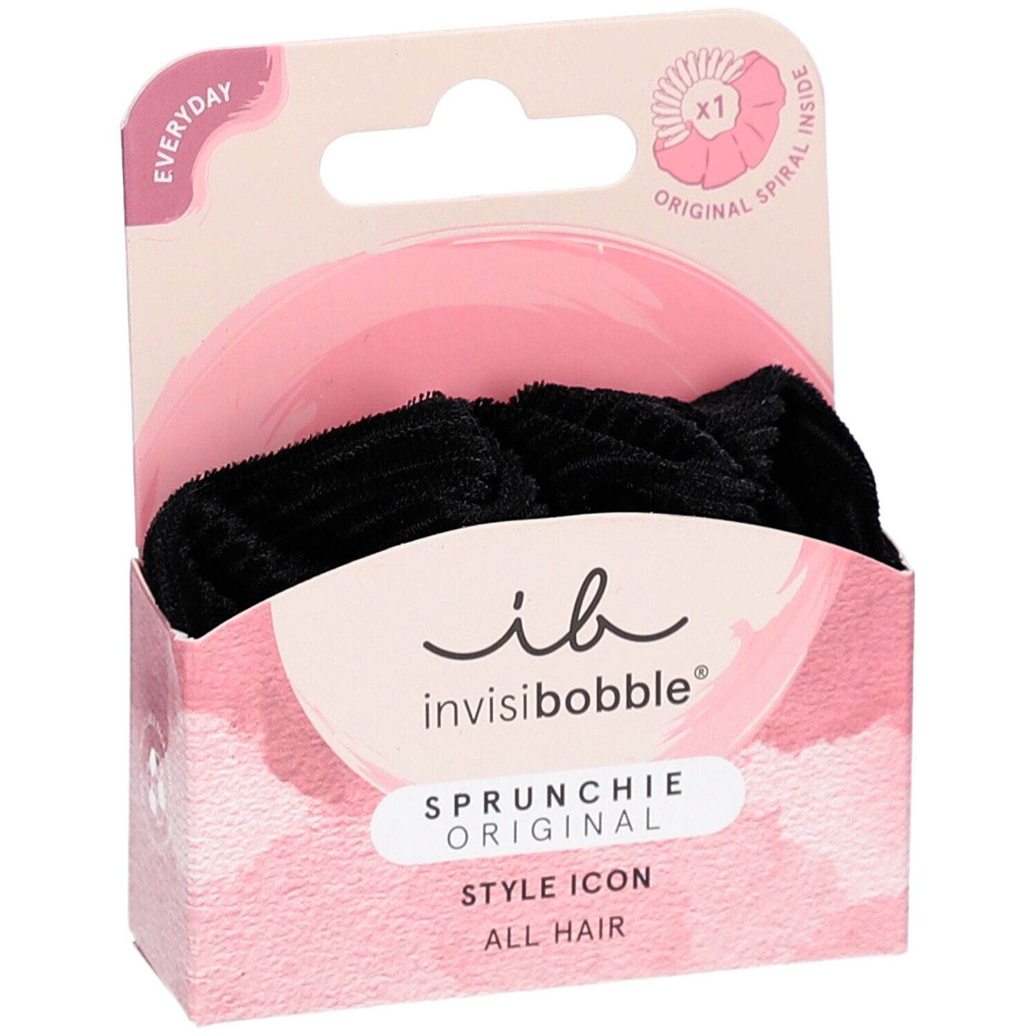 Schwarzes INVISIBOBBLE Sprunchie in Verpackung. Rosa Karton mit Produktnamen und Logo. "Original Spiral Inside".