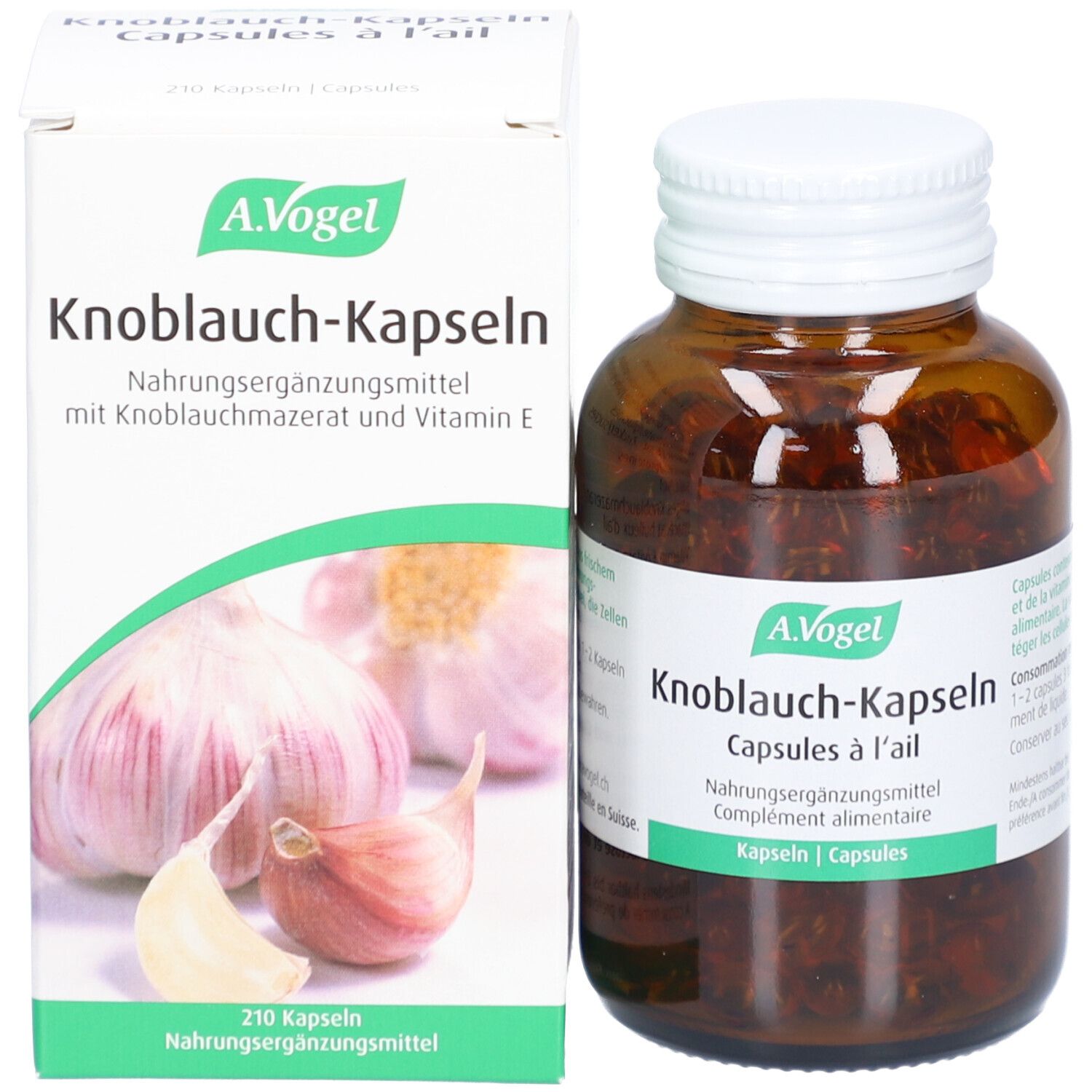 Produktflasche und -verpackung. Weiße Verpackung mit Produktnamen und Knoblauchabbildung. Flasche daneben.