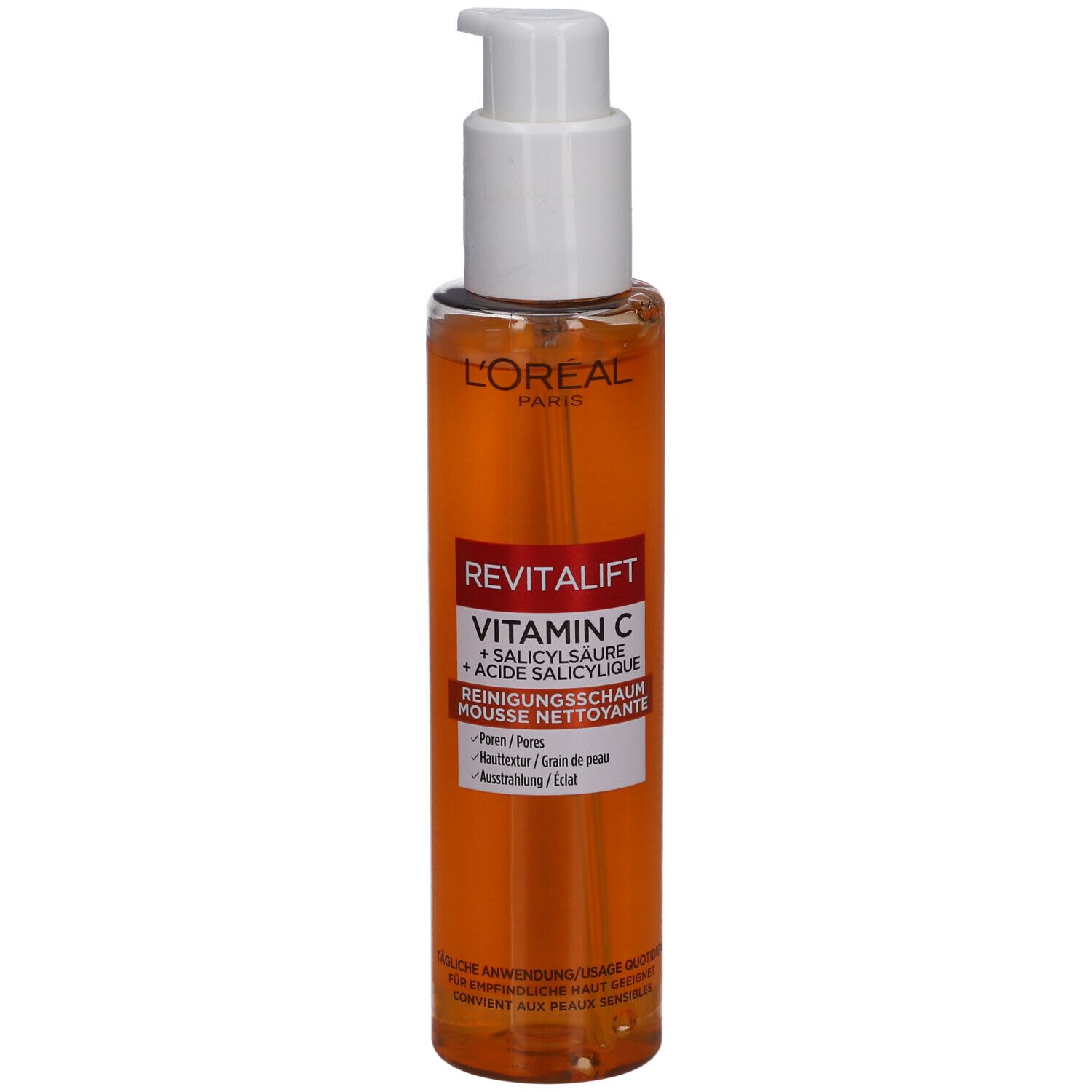 L'Oréal Revitalift Mousse Nettoyante Vitamine C. Flacon avec pompe. Liquide orangé visible. Étiquette avec texte.