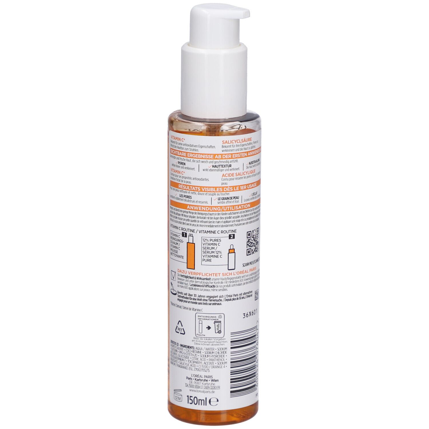 L'Oréal Revitalift Mousse Nettoyante Vitamine C. Flacon, vue arrière. Étiquette avec texte et QR code. Flacon transparent avec liquide orangé.