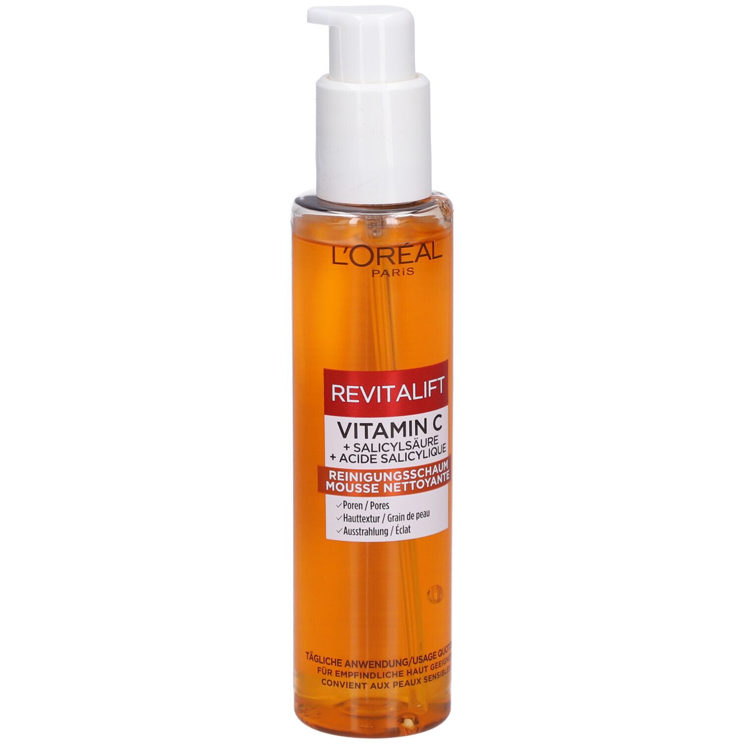 L'Oréal Revitalift Mousse Nettoyante Vitamine C. Flacon avec pompe. Liquide orangé visible. Étiquette avec texte.