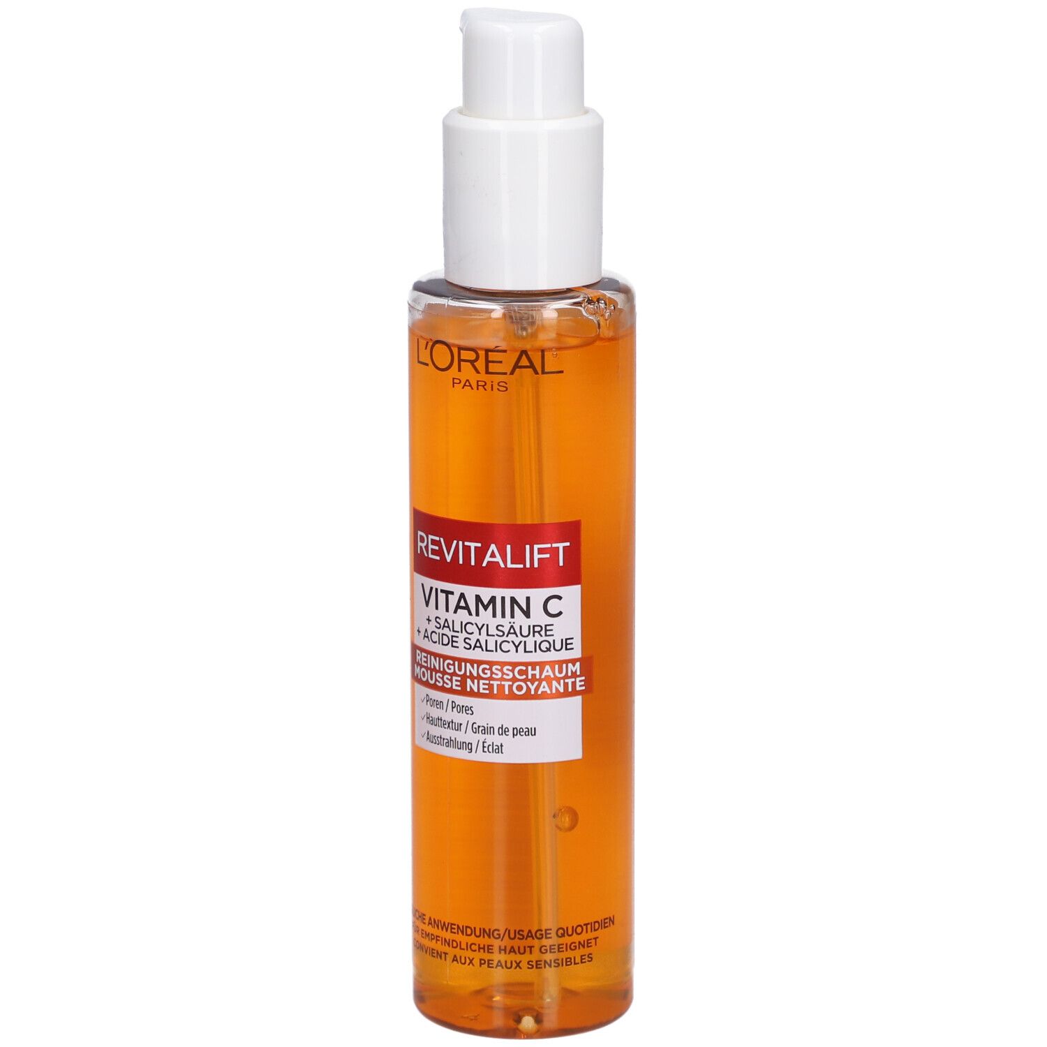 L'Oréal Revitalift Mousse Nettoyante Vitamine C. Flacon avec pompe. Liquide orangé visible. Étiquette avec texte.