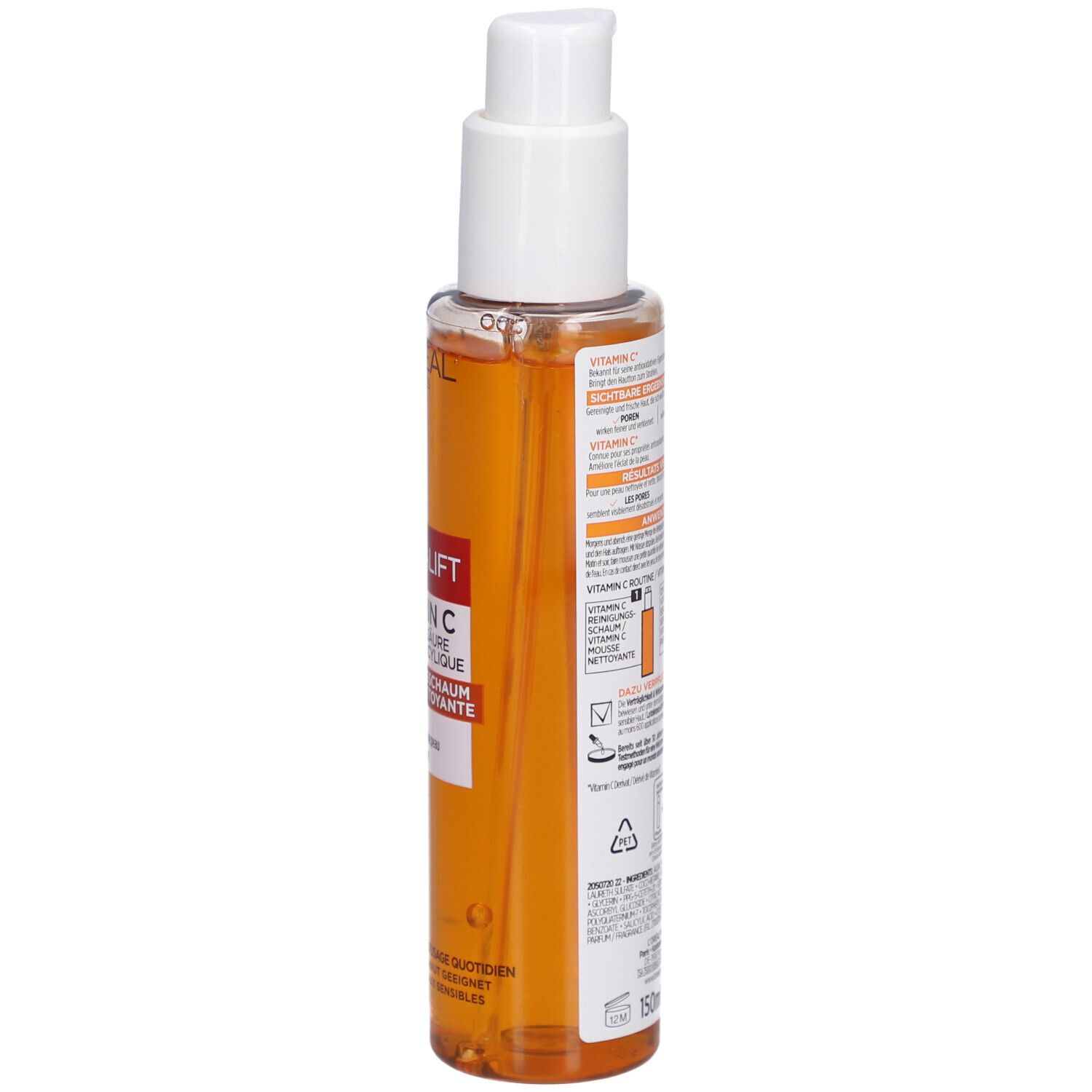 L'Oréal Revitalift Mousse Nettoyante Vitamine C. Flacon, vue latérale. Étiquette avec texte. Flacon transparent avec liquide orangé.