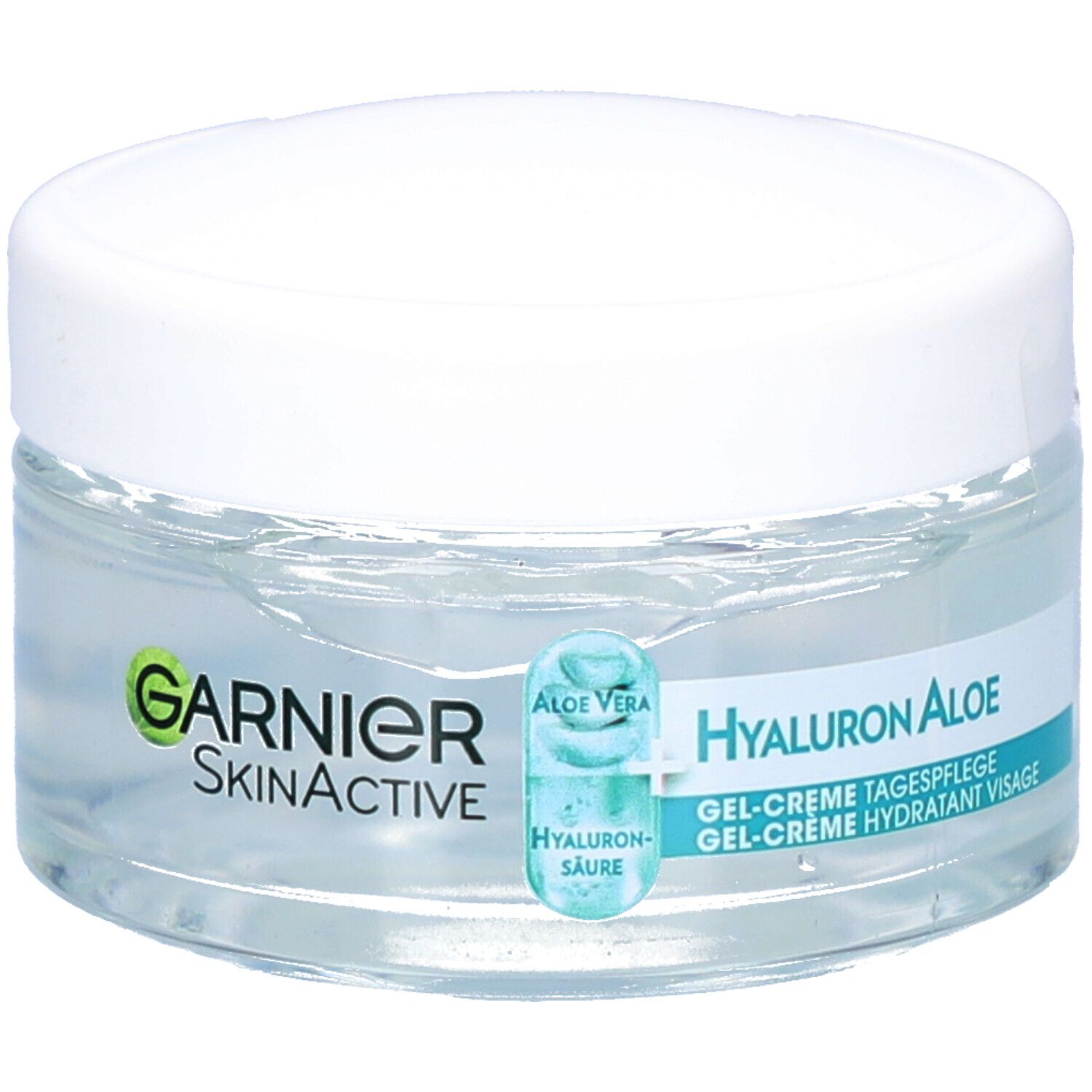 Pot en verre avec couvercle blanc. Inscription: GARNIER SkinActive, Hyaluron Aloe, Gel-Crème hydratant visage. Avec Aloe Vera.