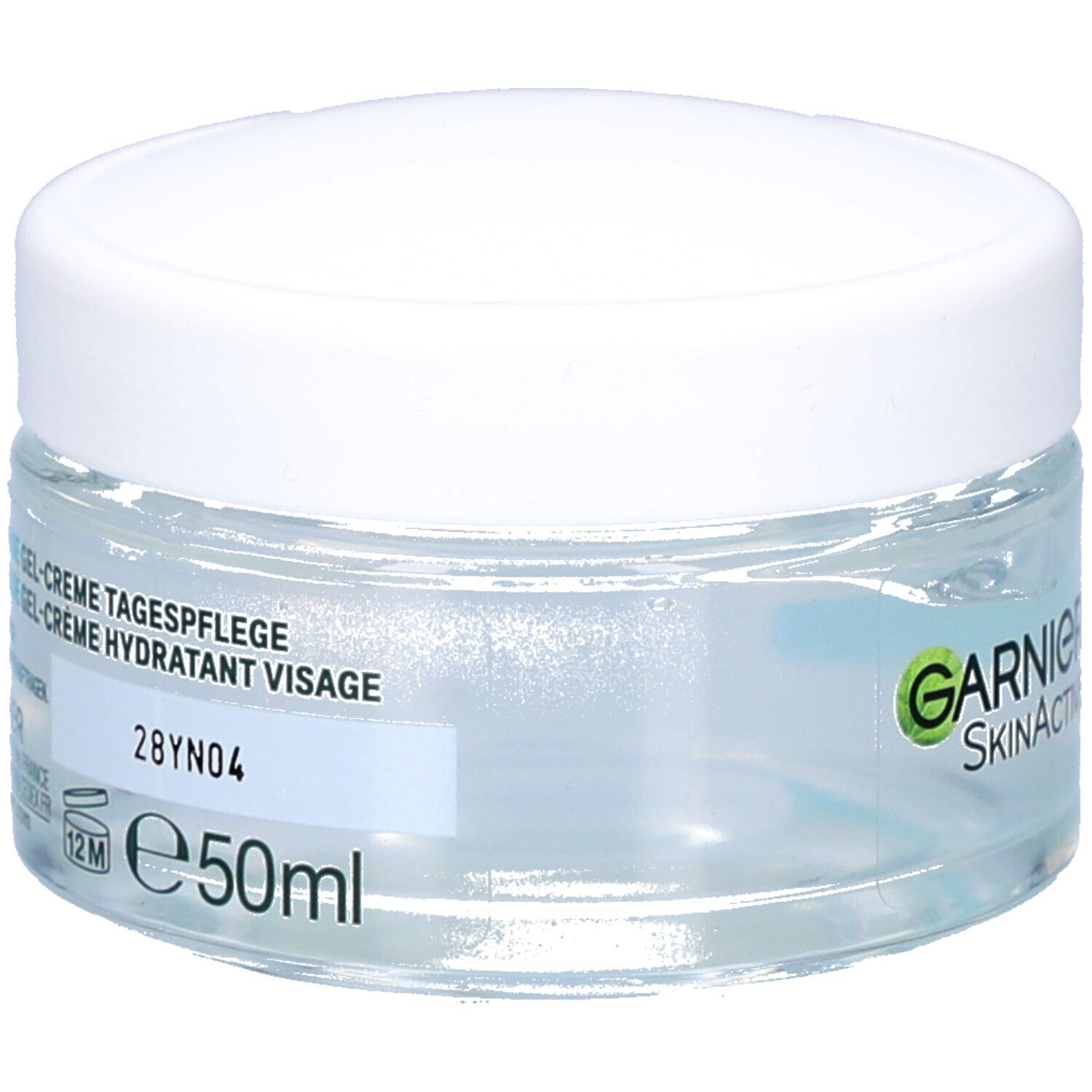 Pot en verre avec couvercle blanc. Inscription: GARNIER SkinActive, Hyaluron Aloe, Gel-Crème hydratant visage. Avec impression 50ml.