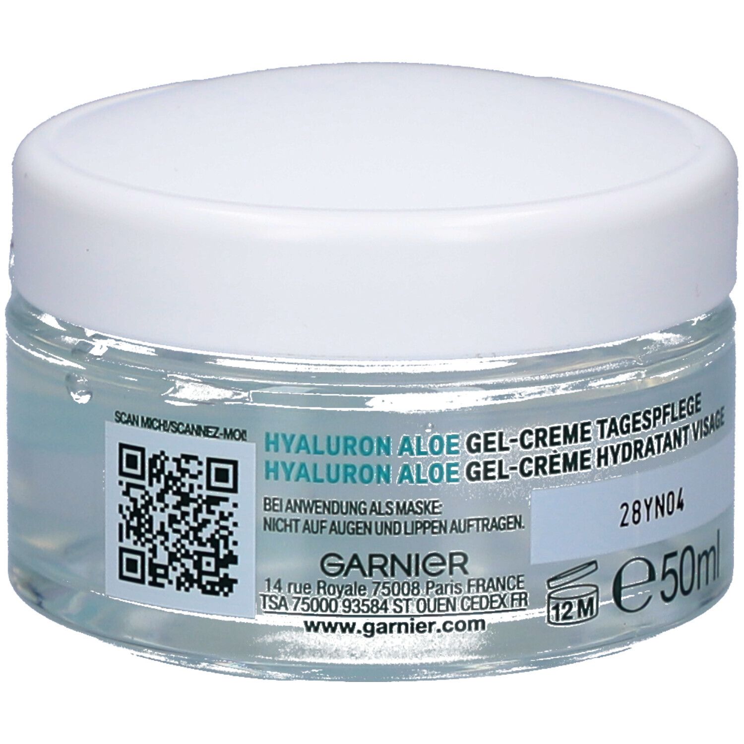 Pot en verre avec couvercle blanc. Inscription: GARNIER SkinActive, Hyaluron Aloe, Gel-Crème hydratant visage. Avec QR code et adresse.