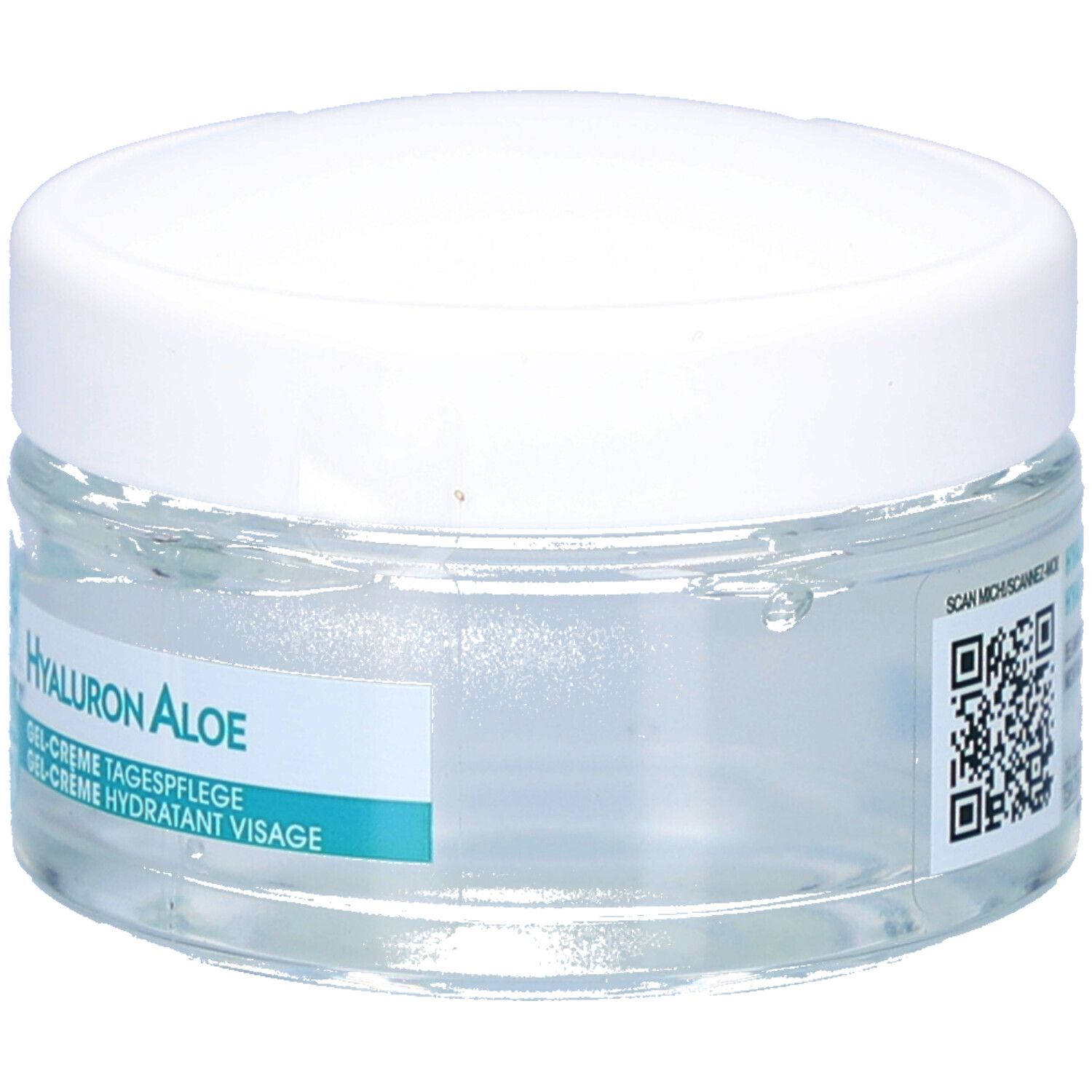 Pot en verre avec couvercle blanc. Inscription: Hyaluron Aloe, Gel-Crème hydratant visage. Avec QR code.