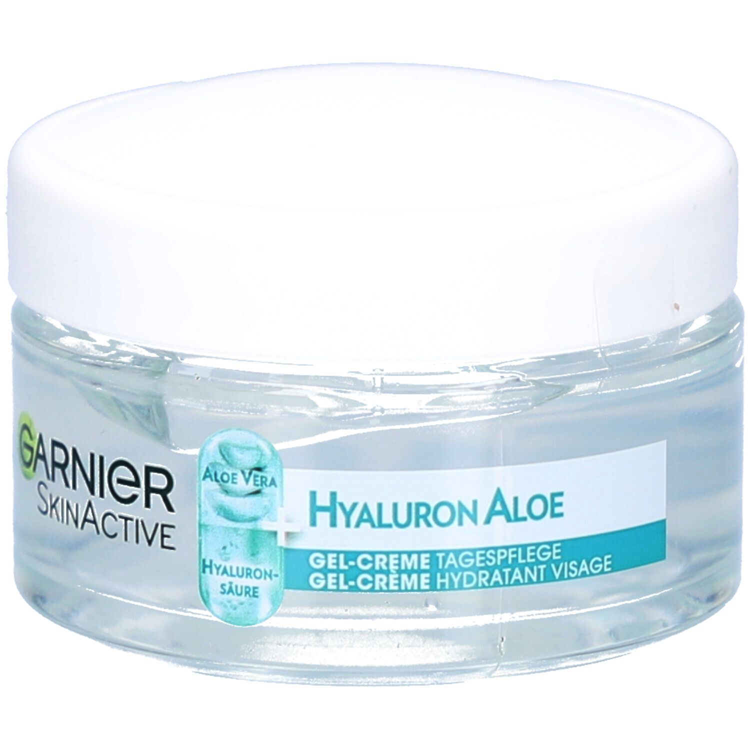 Pot en verre avec couvercle blanc. Inscription: GARNIER SkinActive, Hyaluron Aloe, Gel-Crème hydratant visage. Avec Aloe Vera.