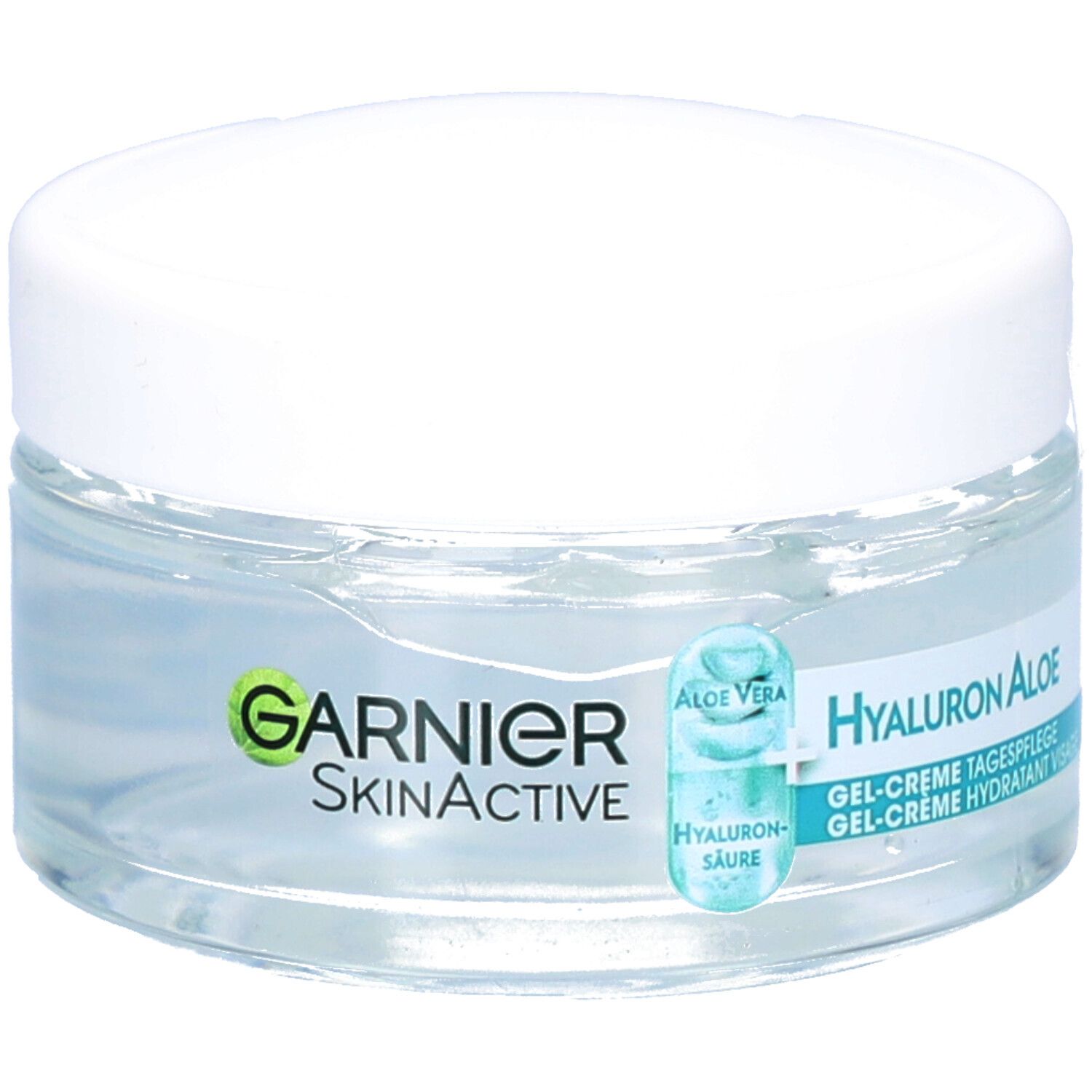 Pot en verre avec couvercle blanc. Inscription: GARNIER SkinActive, Hyaluron Aloe, Gel-Crème hydratant visage. Avec Aloe Vera.