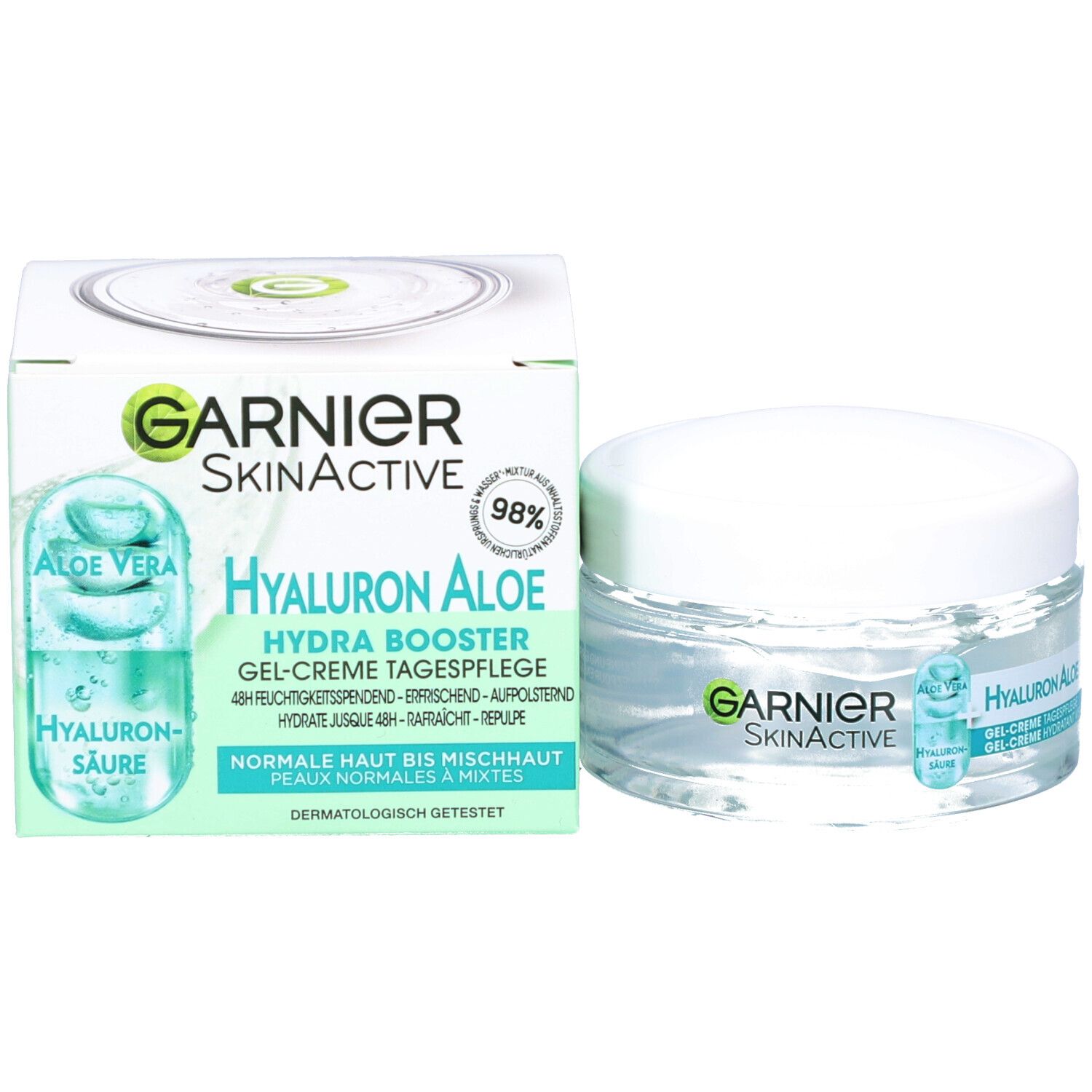 Emballage du produit et pot en verre. Inscription: GARNIER SkinActive, Hyaluron Aloe, Hydra Booster Gel-Crème hydratant visage. Avec 98%.