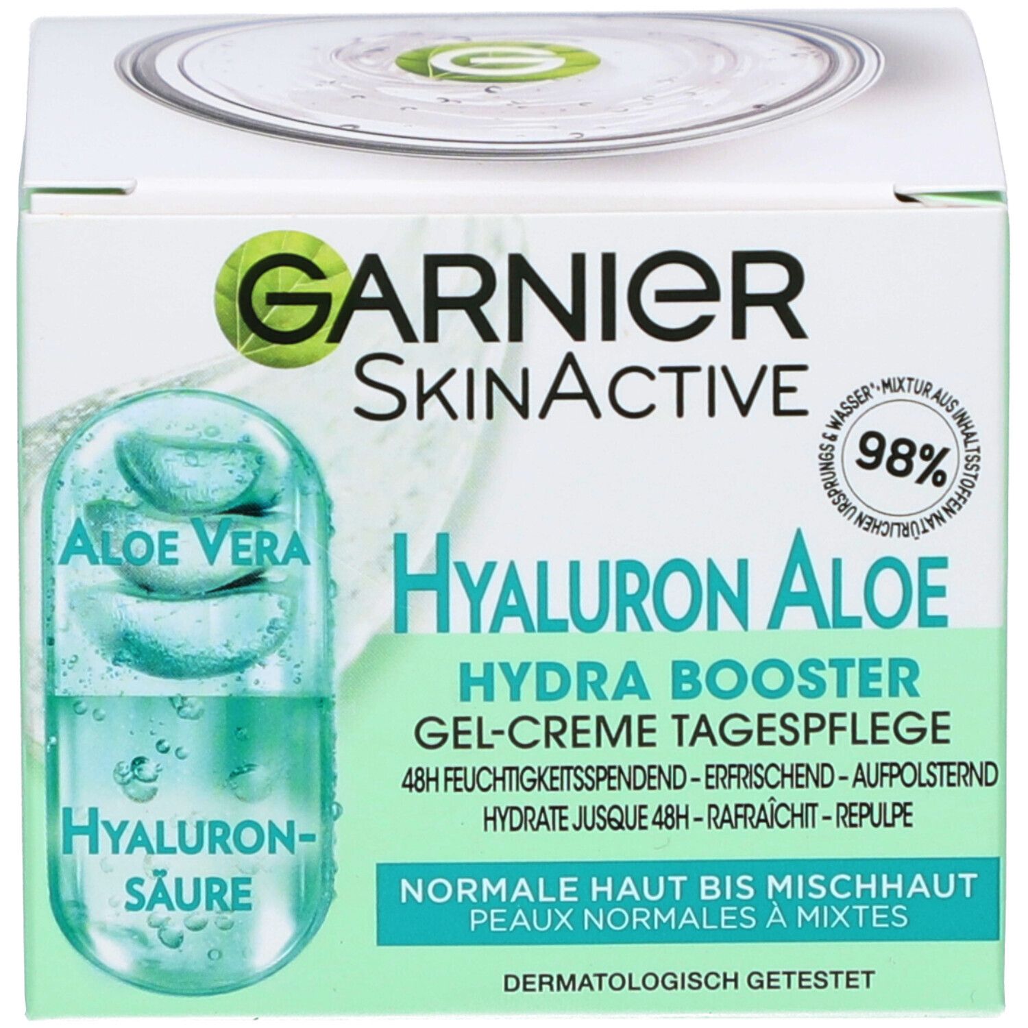 Emballage du produit. Inscription: GARNIER SkinActive, Hyaluron Aloe, Hydra Booster Gel-Crème hydratant visage. Avec 98%.