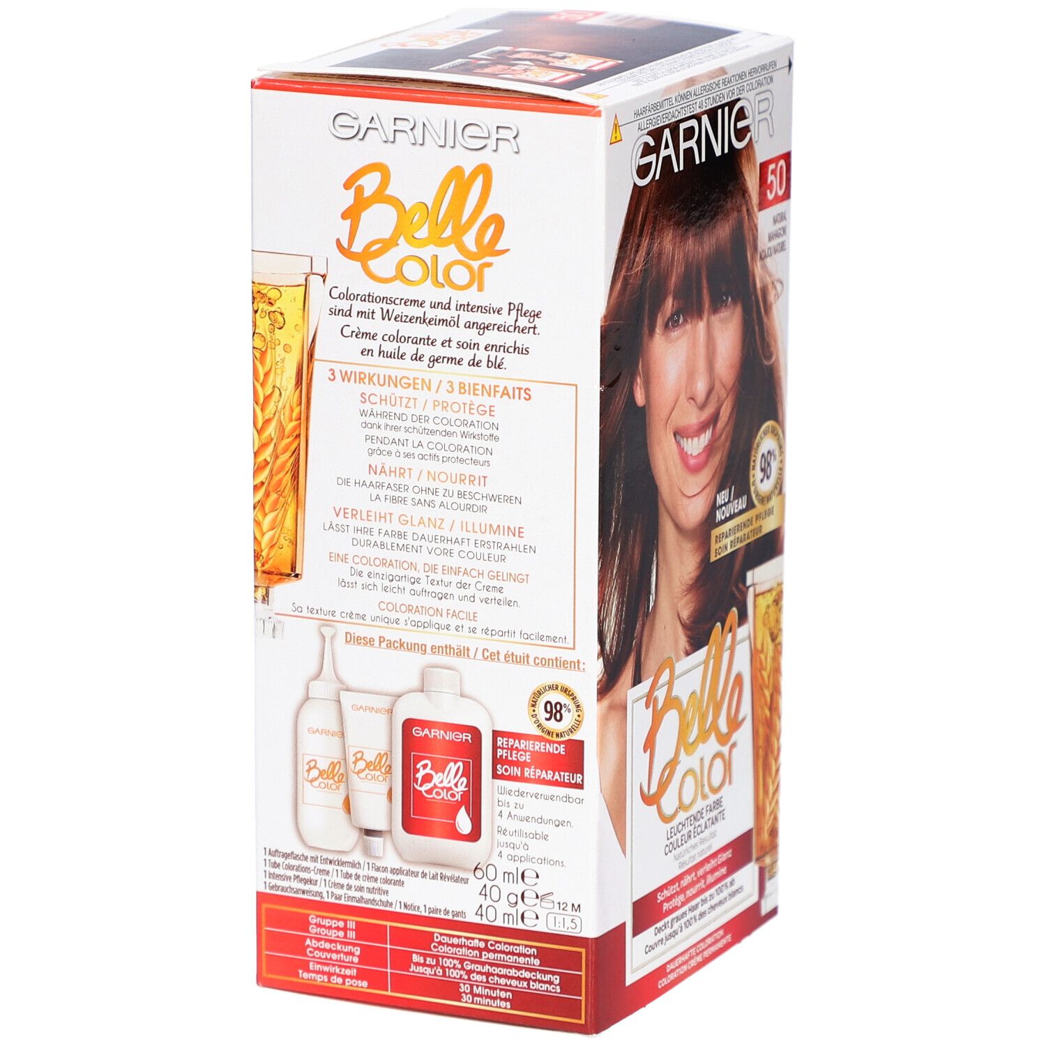 Boîte de Belle Color 5.5 Acajou. Contient des flacons. Logo Garnier et nom du produit visibles.