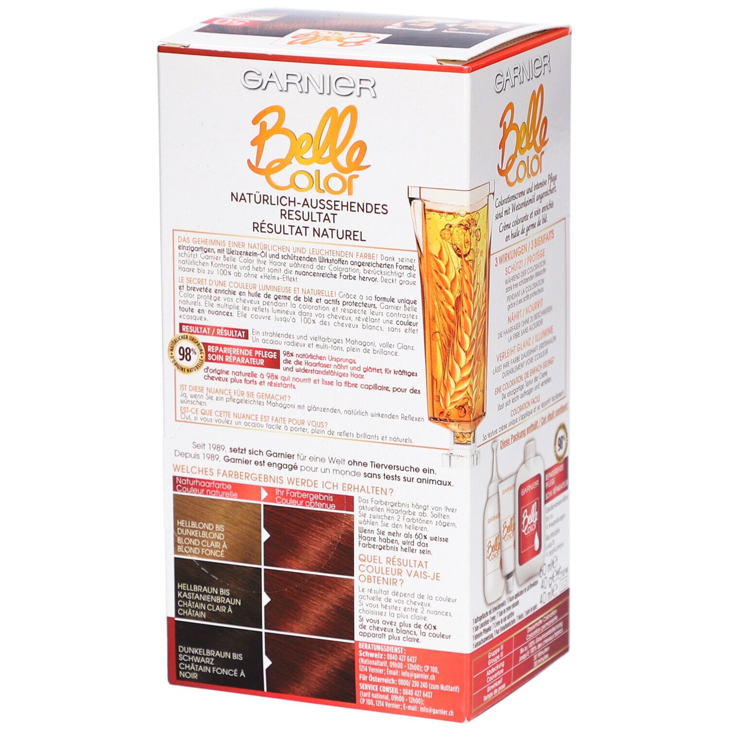 Dos de la boîte de Belle Color. Informations produit et exemples de couleurs. Logo Garnier visible.