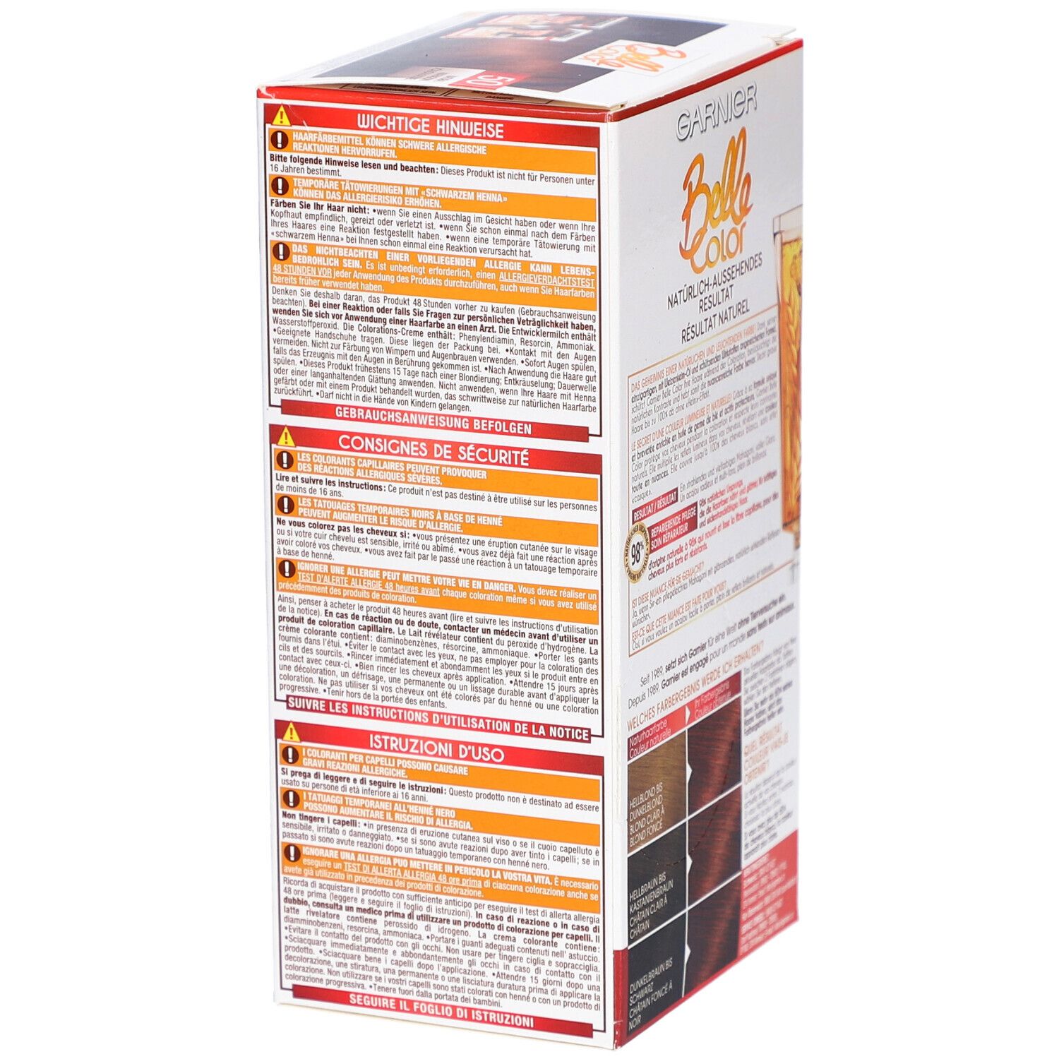 Boîte de Belle Color. Avertissements et instructions d'utilisation. Logo Garnier visible.