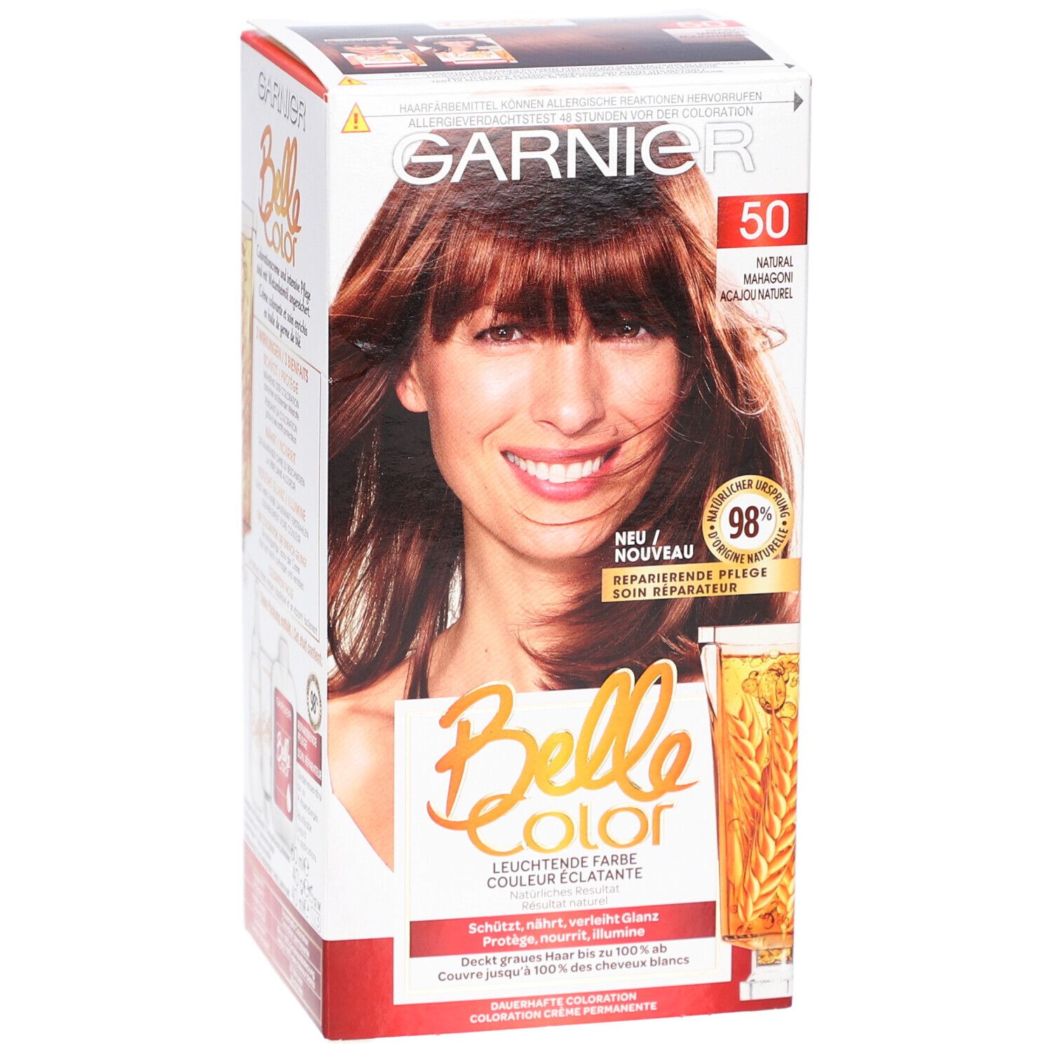 Boîte de Belle Color 5.5 Acajou. Femme aux cheveux bruns. Logo Garnier et nom du produit visibles.