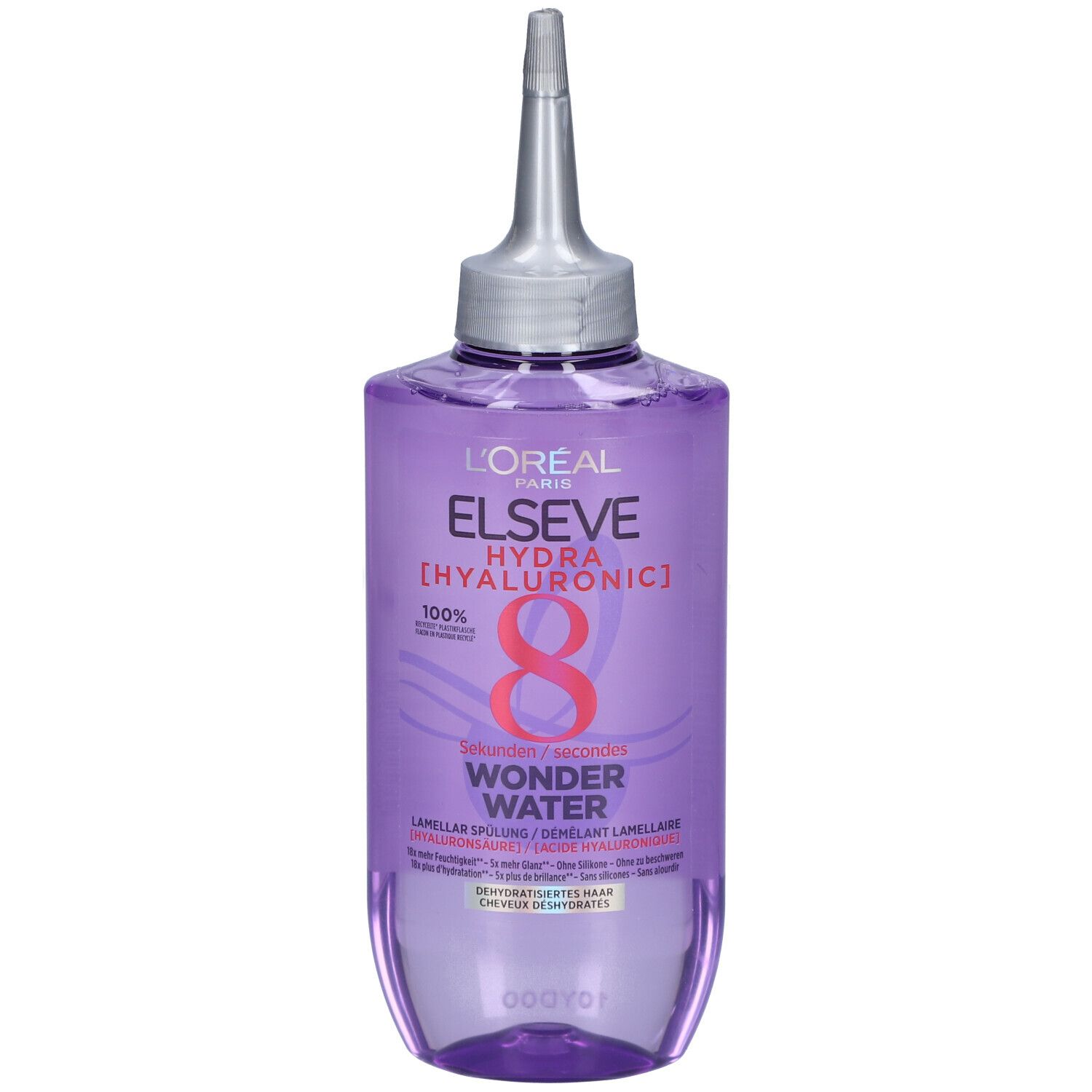 L'Oréal Paris Elseve Hydra Hyaluronic Wonder Water 8. Flacon avec applicateur. Liquide violet. Étiquette avec texte.