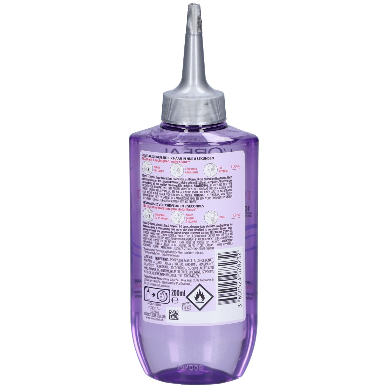 Vue arrière du flacon L'Oréal Paris Elseve Hydra Hyaluronic Wonder Water 8. Informations et texte sur l'étiquette.