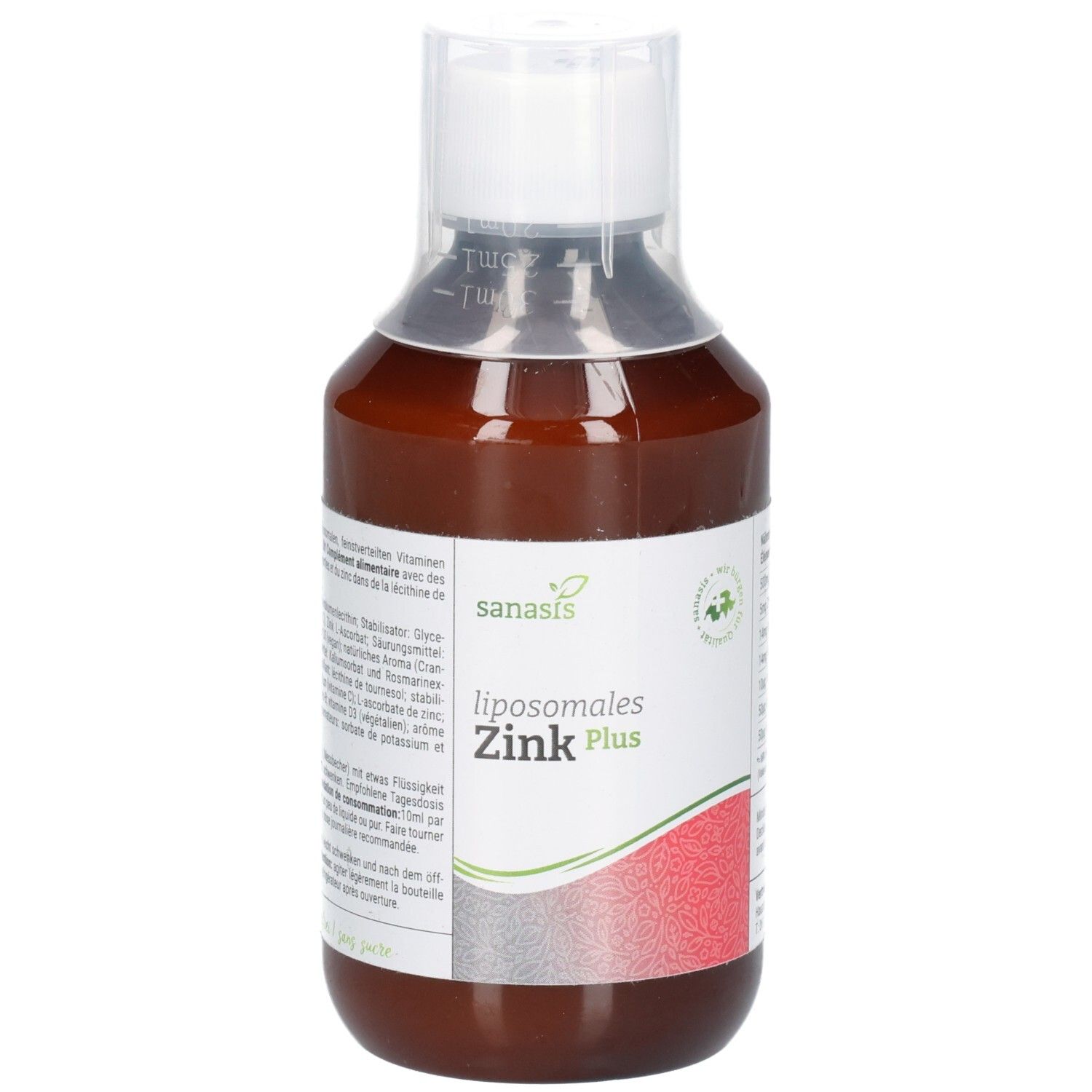 Braune Glasflasche mit weißem Verschluss und Etikett. Enthält Sanasis Liposomales Zink Plus.