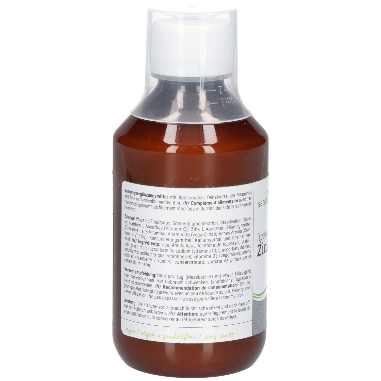 Rückseite einer braunen Glasflasche mit Etikett, das Inhaltsstoffe und Anwendungshinweise auflistet.