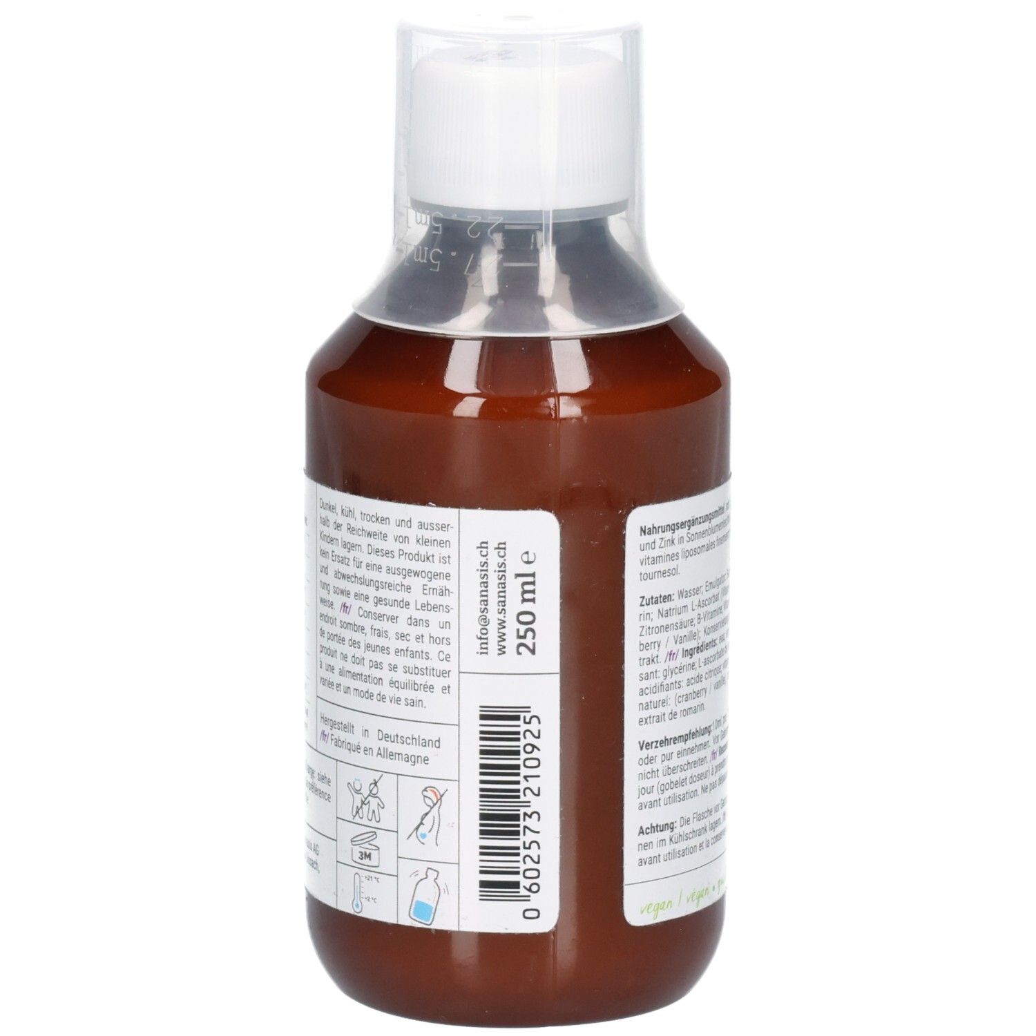 Rückseite einer braunen Glasflasche mit Etikett, Barcode und Mengenangabe 250 ml.