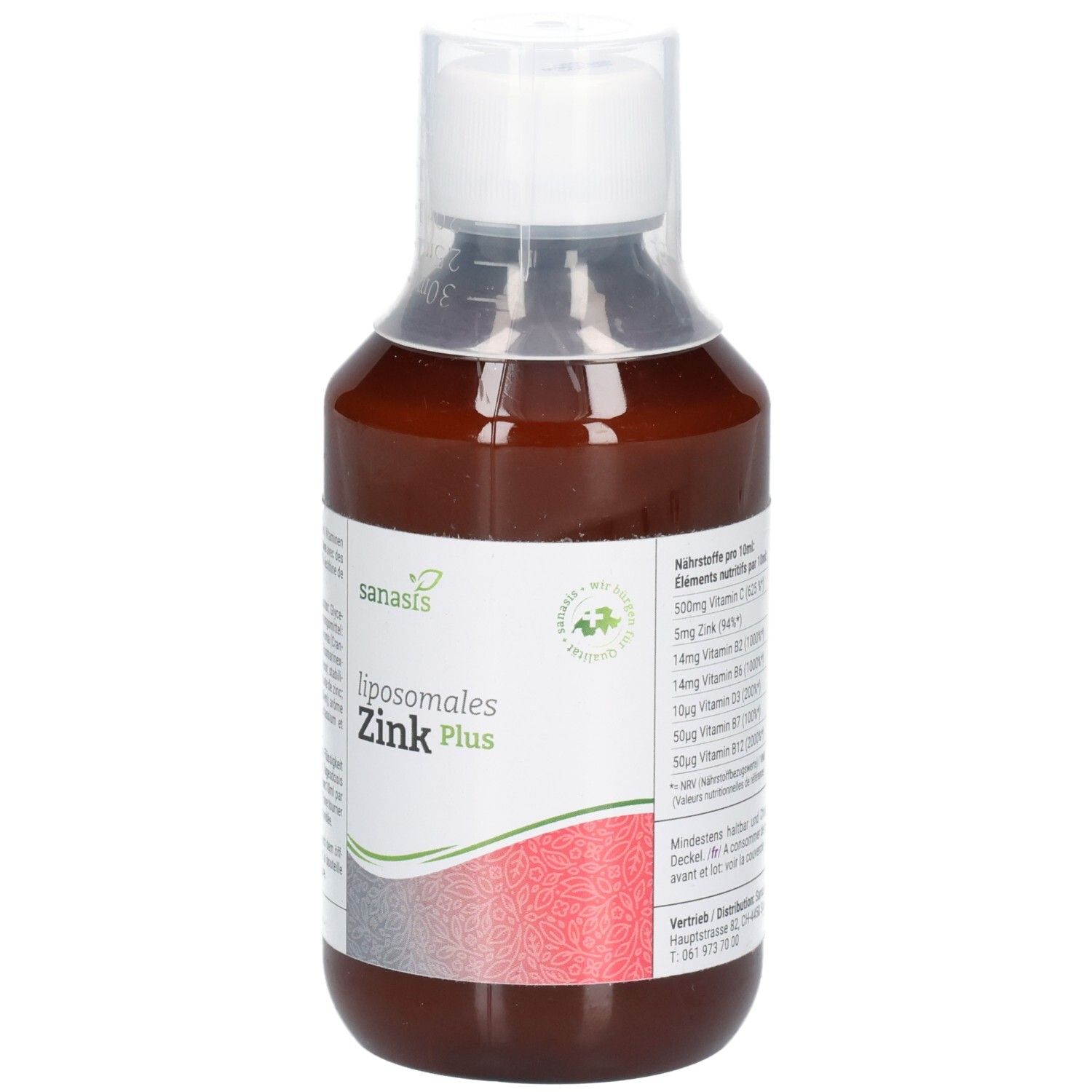 Braune Glasflasche mit Etikett, das Nährwertangaben für Sanasis Liposomales Zink Plus zeigt.