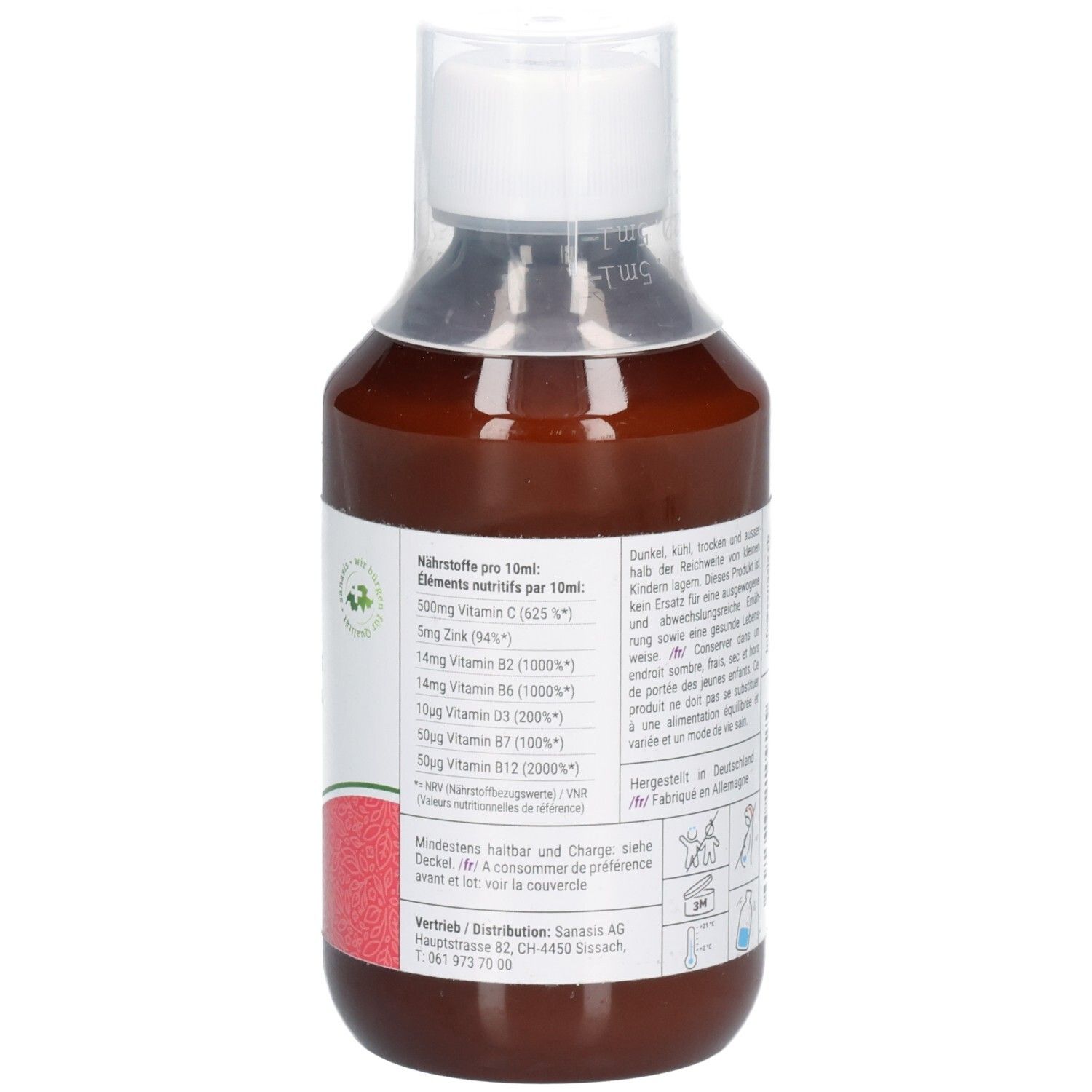 Rückseite einer braunen Glasflasche mit Etikett, das Nährwertangaben pro 10ml auflistet.