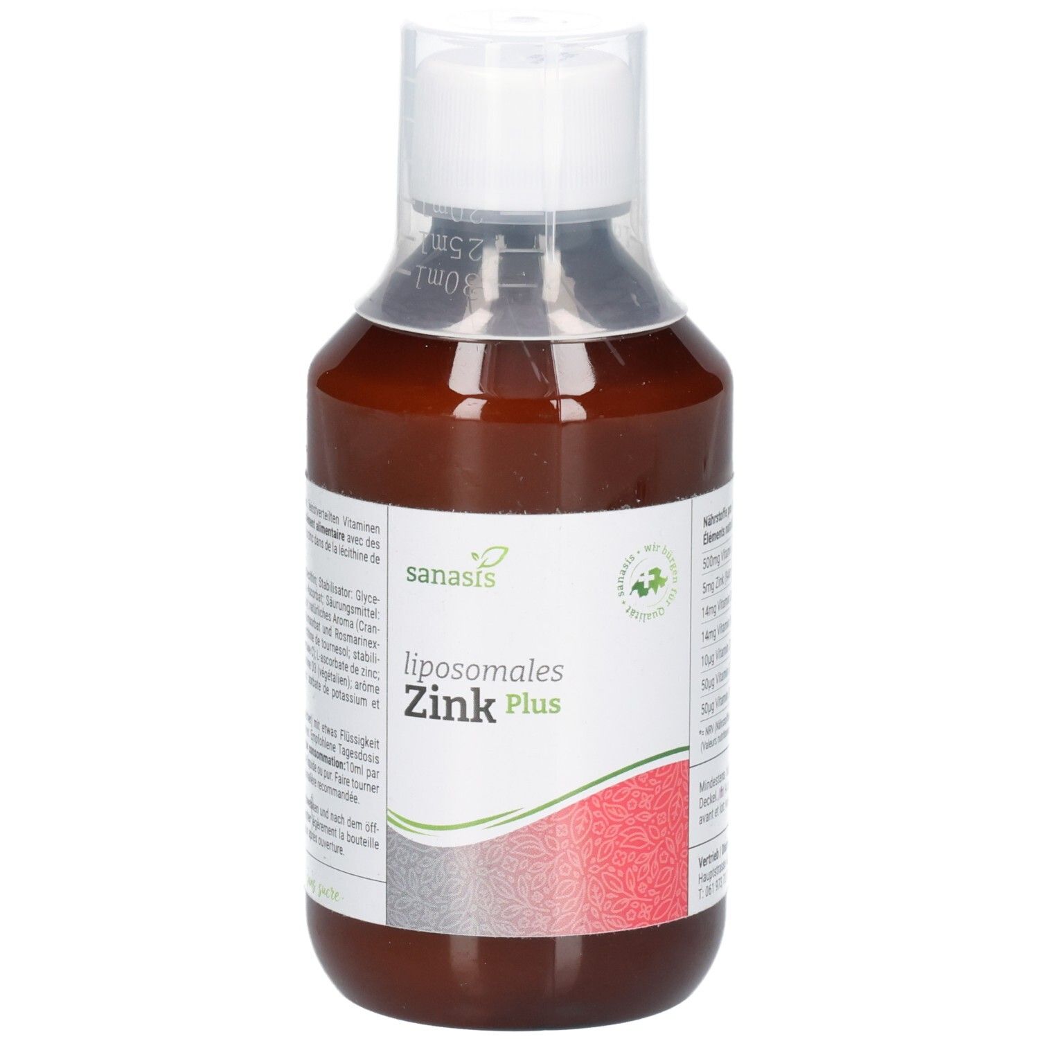 Braune Glasflasche mit weißem Verschluss und Etikett. Enthält Sanasis Liposomales Zink Plus.