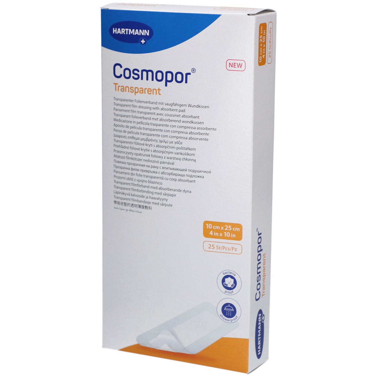 Verpackung von HARTMANN Cosmopor® Transparent. 10 cm x 25 cm. 25 Stück. Sichtbar: Produktname, Marke, Größe.