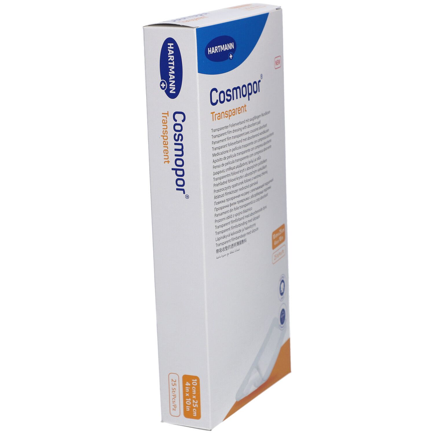HARTMANN Cosmopor® Transparent Verpackung. Seitenansicht. Produktname und Marke sichtbar. Größe: 10 cm x 25 cm.