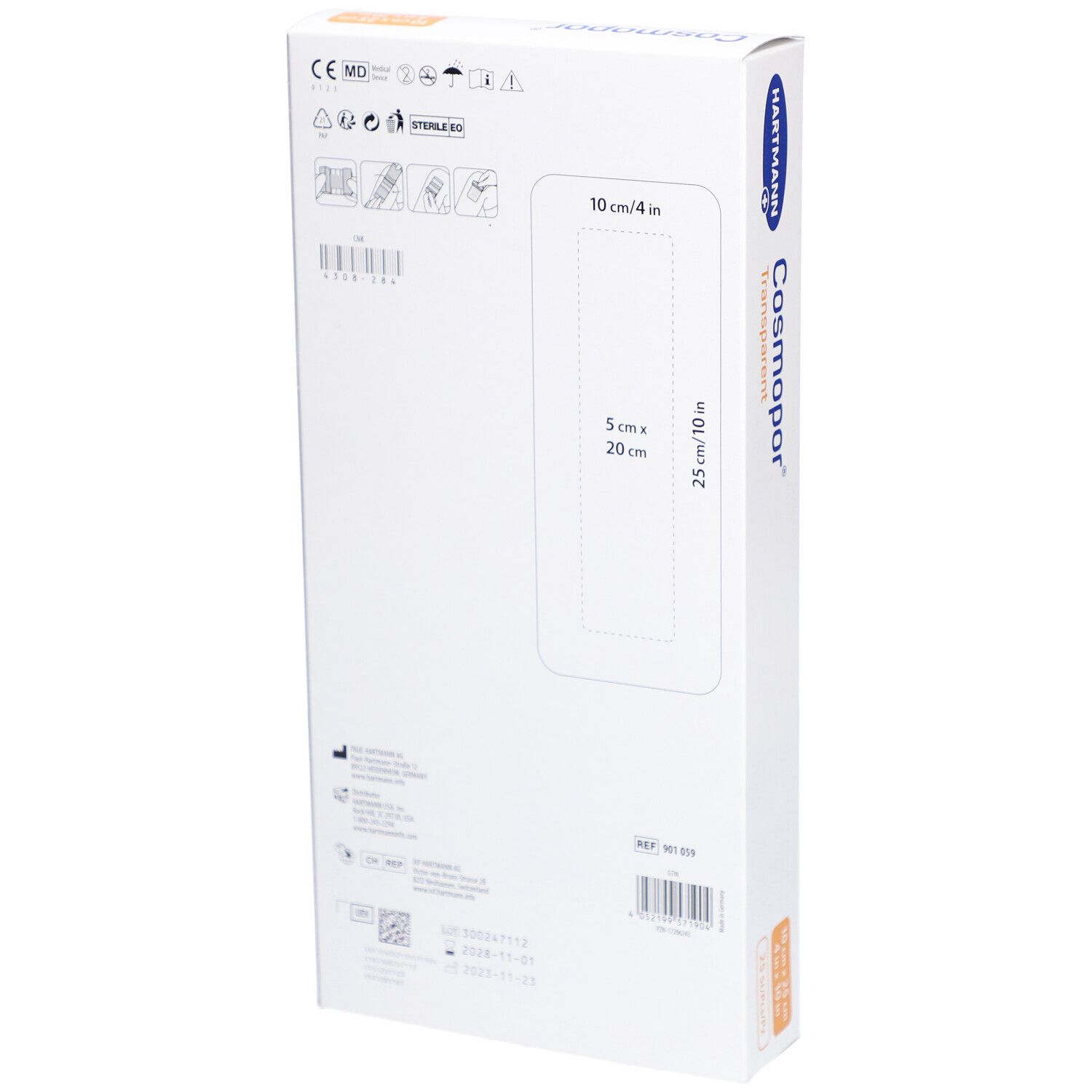 Rückseite der HARTMANN Cosmopor® Transparent Verpackung. Größenangaben: 10 cm x 25 cm, 5 cm x 20 cm. Sterile Medizinprodukte.