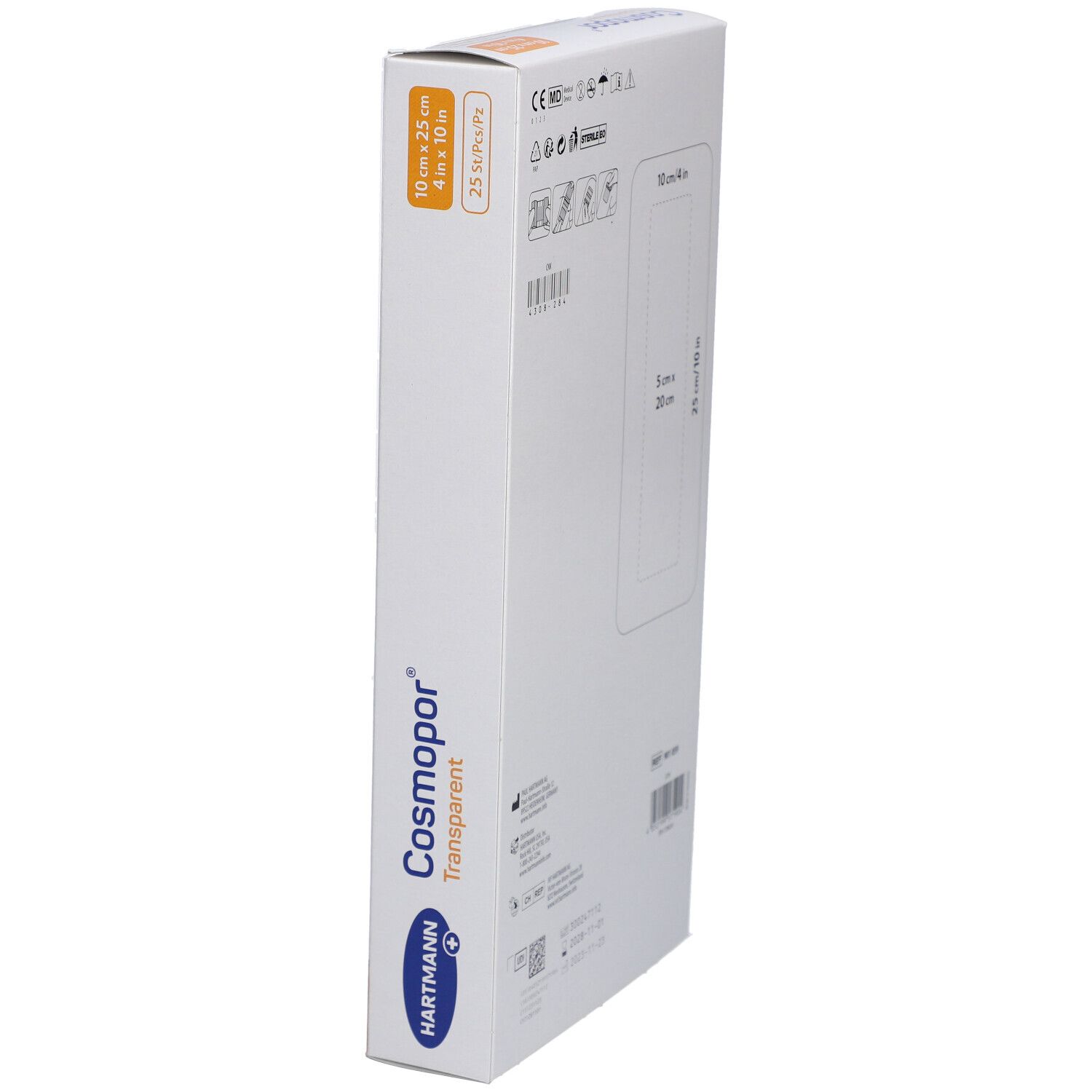 HARTMANN Cosmopor® Transparent Verpackung. Seitenansicht. Größenangaben: 10 cm x 25 cm. 25 Stück. Sterile Medizinprodukte.