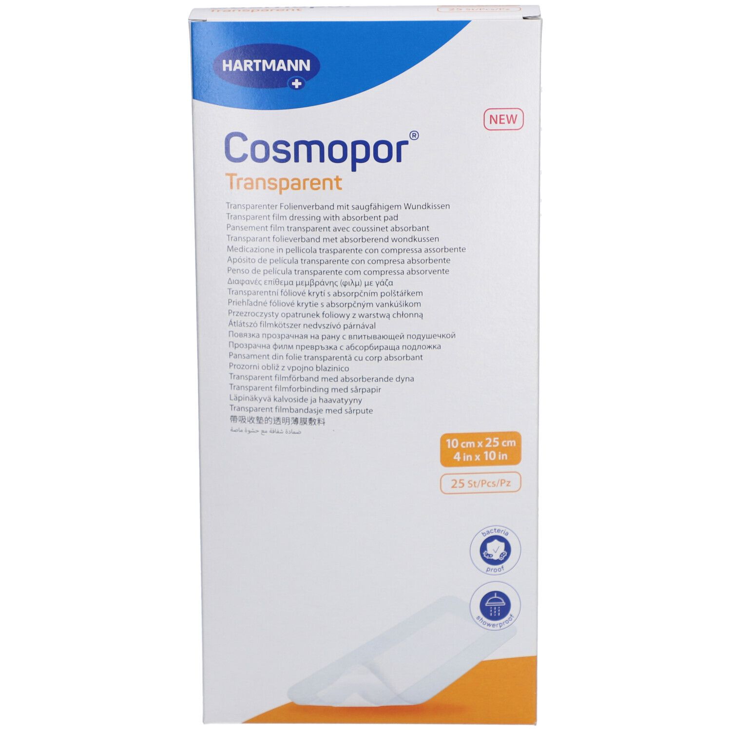 HARTMANN Cosmopor® Transparent Verpackung. Produktname, Marke und Größenangaben: 10 cm x 25 cm. 25 Stück.