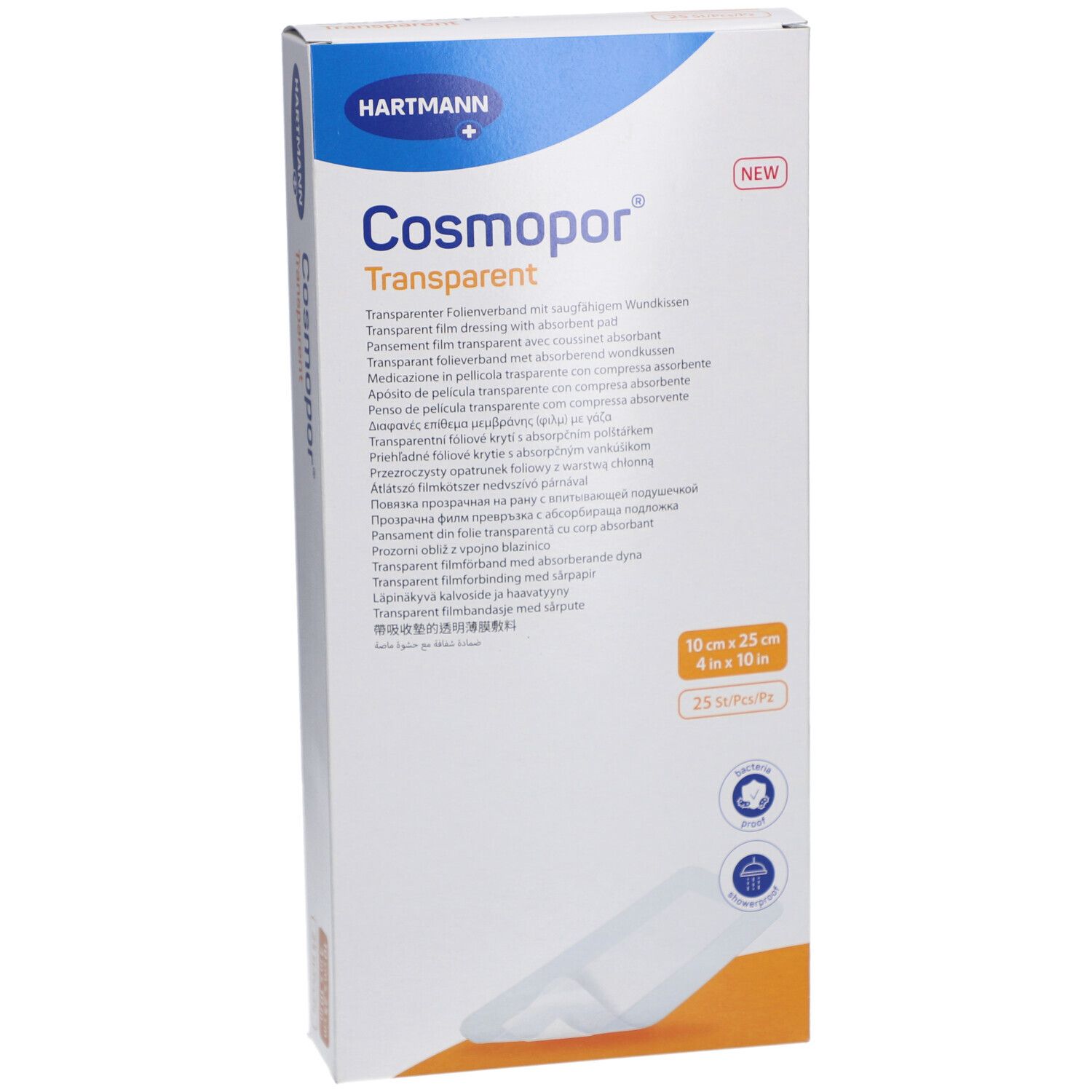 HARTMANN Cosmopor® Transparent Verpackung. Produktname, Marke und Größenangaben: 10 cm x 25 cm. 25 Stück.