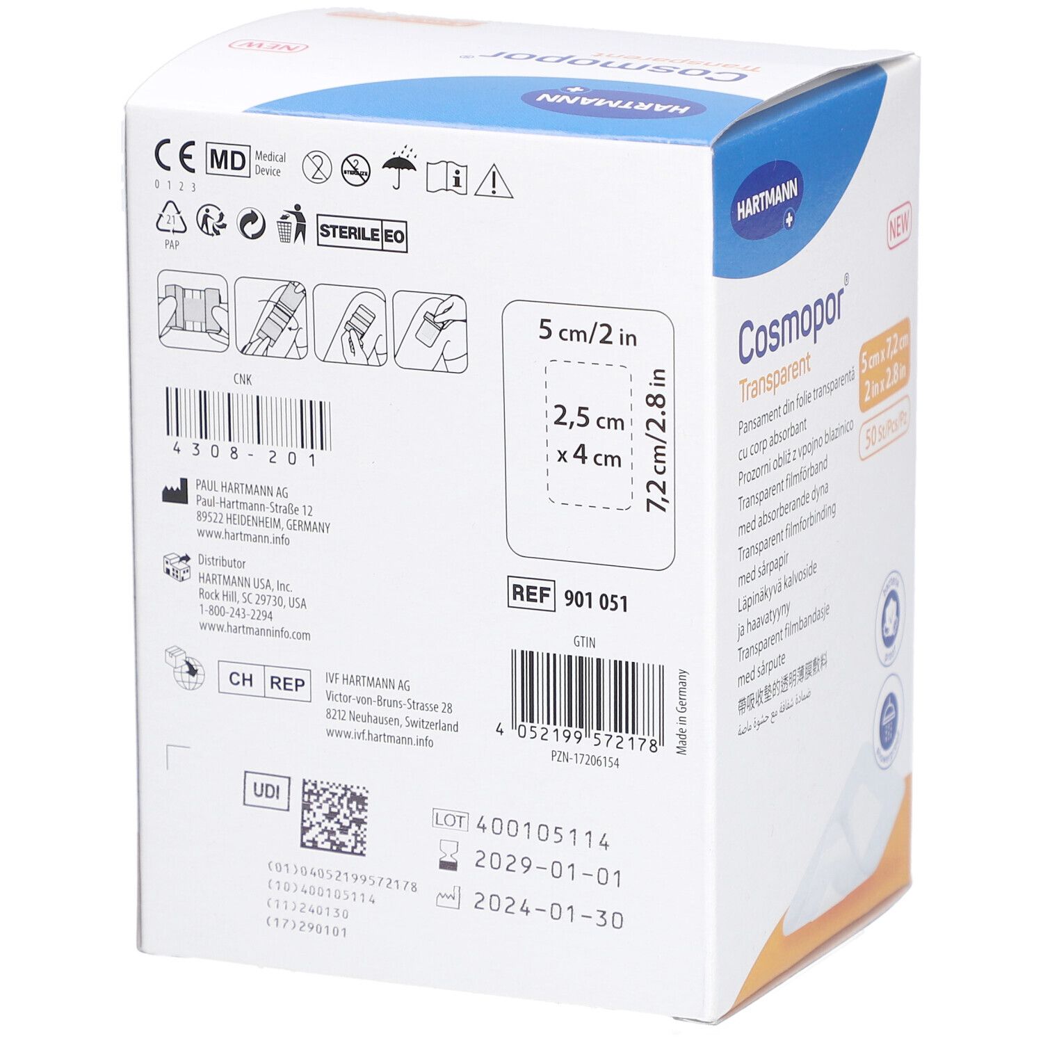 HARTMANN Cosmopor® Transparent Transparenter Folienverband mit Saugkissen 5 cm x 7,2 cm