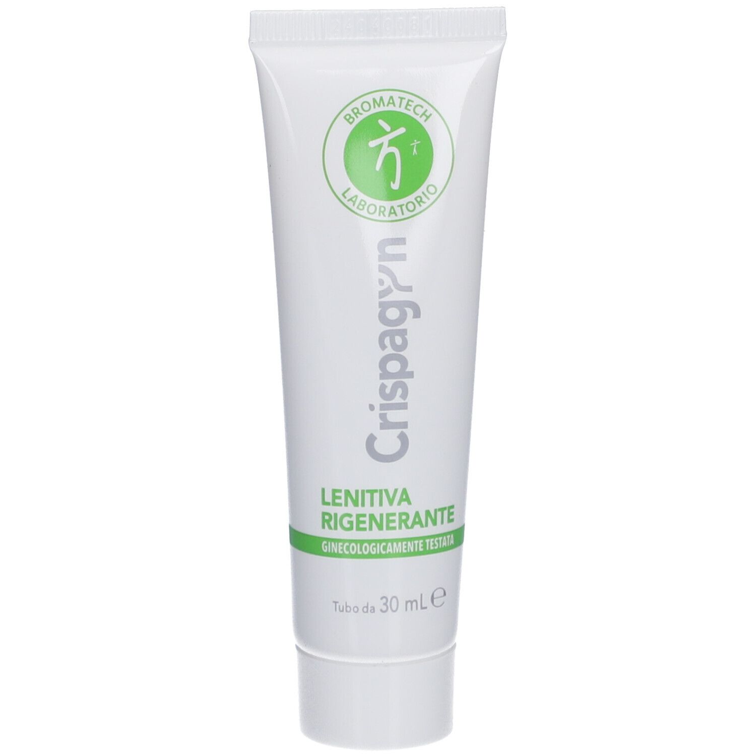 Tube blanche avec bande verte et texte. Contient CRISPAGYN. Marque: BROMATECH. 30 ml.