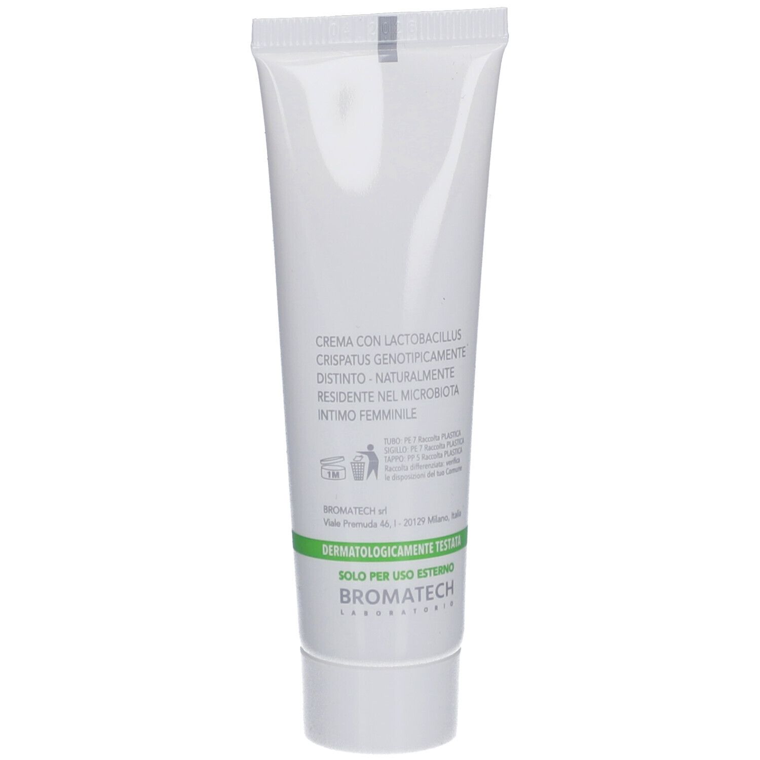 Dos d'un tube blanc. Texte: Crème avec Lactobacillus crispatus. Testé dermatologiquement. Usage externe uniquement.