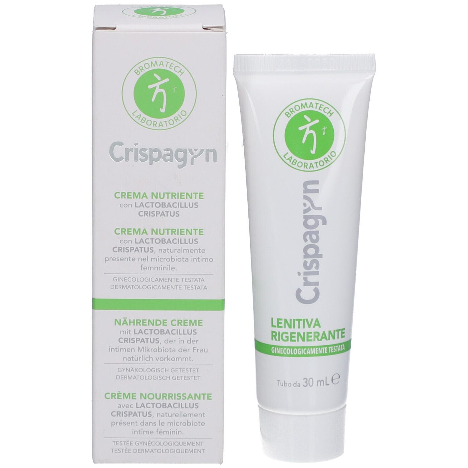 Emballage produit avec tube et boîte. Contient CRISPAGYN. Marque: BROMATECH. Crème avec Lactobacillus crispatus. 30 ml.