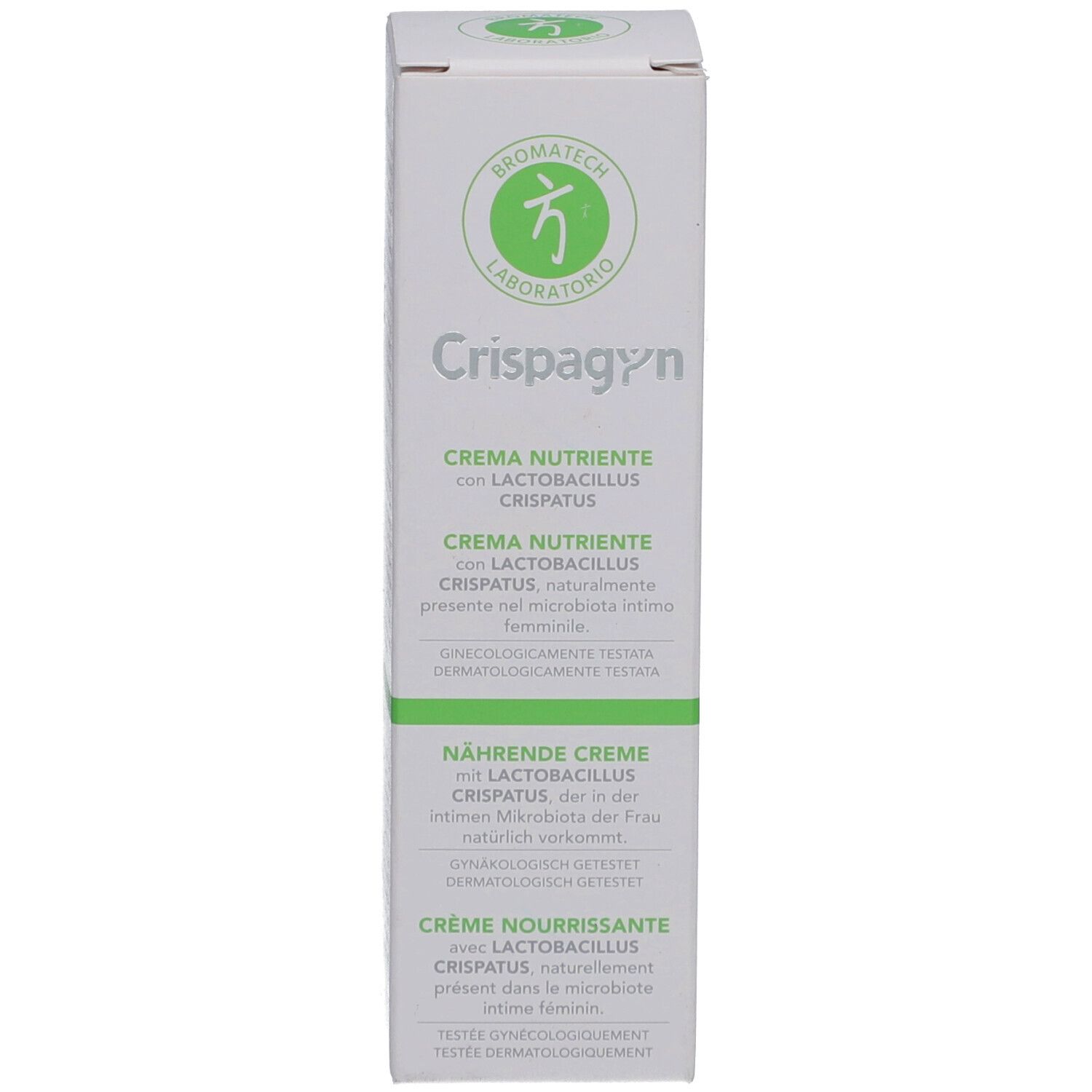 Emballage produit, boîte. Contient CRISPAGYN. Marque: BROMATECH. Crème avec Lactobacillus crispatus. Testé dermatologiquement.