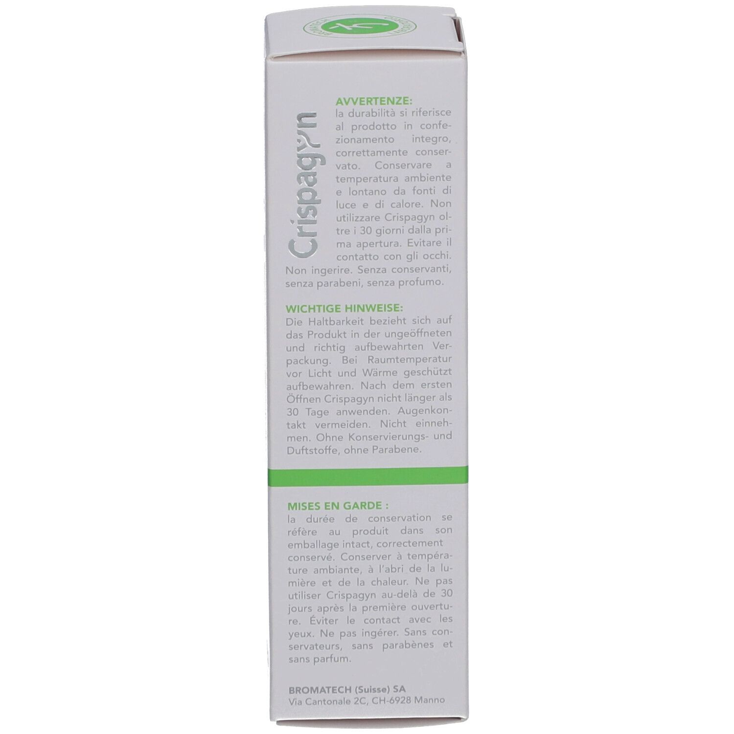 Boîte avec texte. Contient des conseils de conservation et d'utilisation. Marque: BROMATECH. Sans conservateurs, sans parfum.