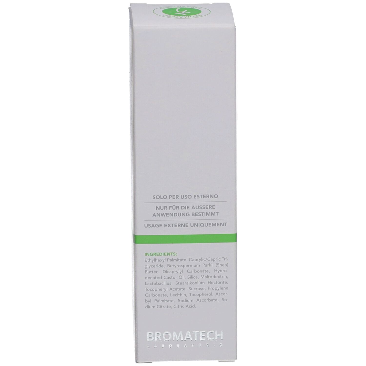 Boîte, dos. Contient les ingrédients. Marque: BROMATECH. Usage externe uniquement.