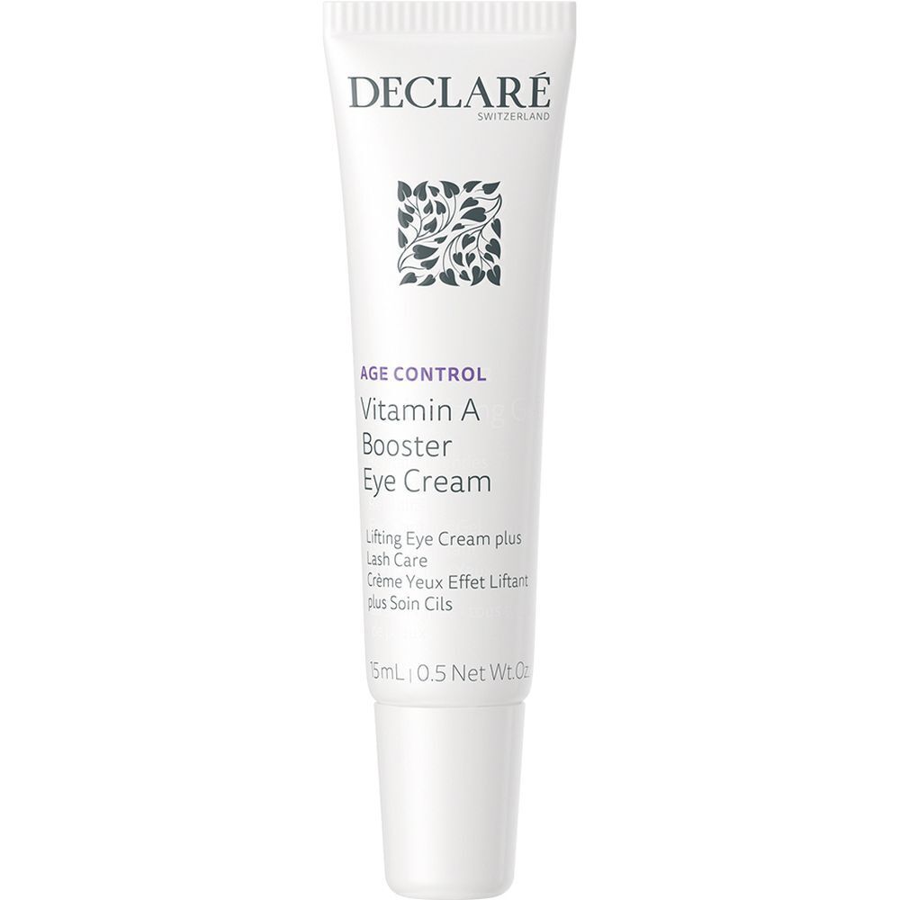 Tube blanc DECLARÉ. Inscription: Vitamin A Booster Eye Cream. 15ml. Crème contour des yeux.