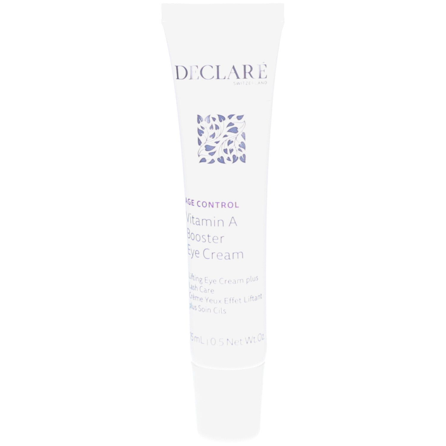 Tube blanc DECLARÉ Vitamin A Booster Eye Cream. Inscription du produit et logo.