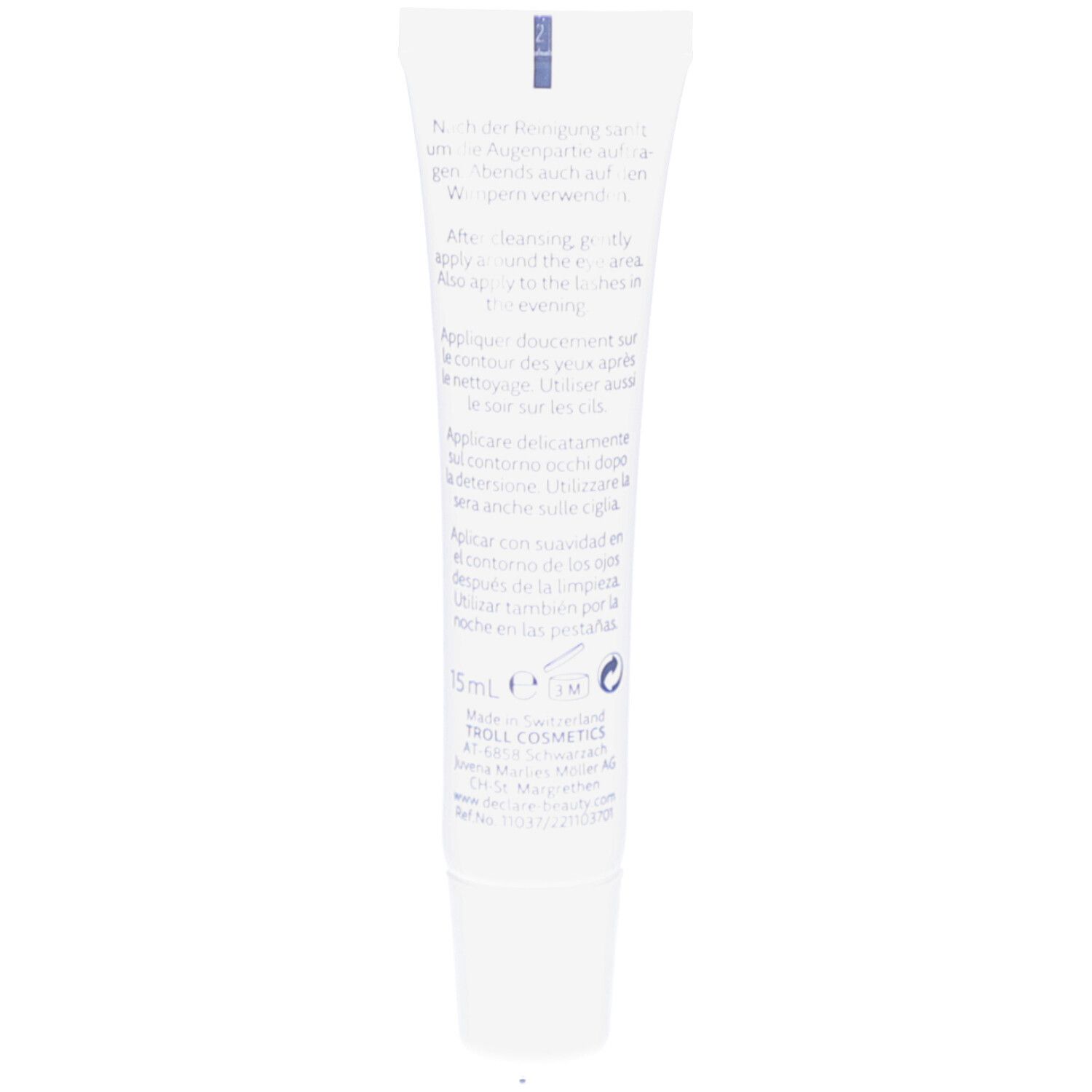 Dos du tube DECLARÉ Vitamin A Booster Eye Cream. Texte en plusieurs langues.
